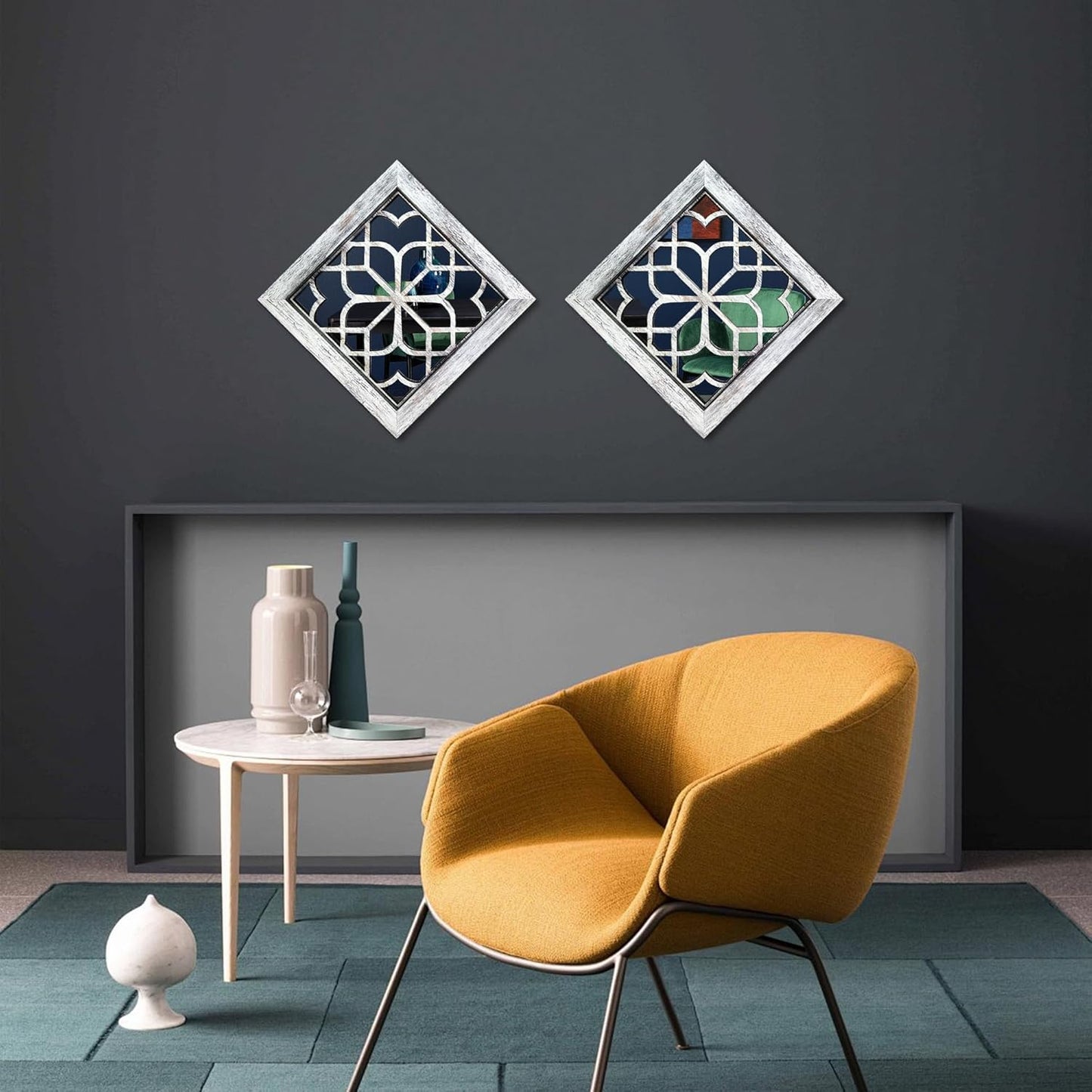 4pcs Farmhouse Wall Mirror with Carved Floral Design -Rustic Mirror Decor for Home, 12x12 inch(Grey)