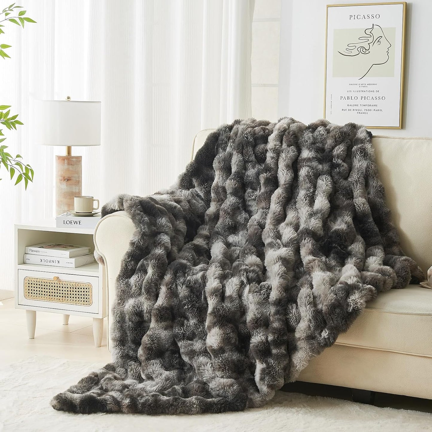 Lotus Karen Faux Fur Blanket Tie-Dye Dark Gray Twin Size - Big Bubble Rabbit Fluff Throw for Couch Small Fluffy Fuzzy Cozy Thick Furry Plush Shaggy Blankets 90x90 Inches