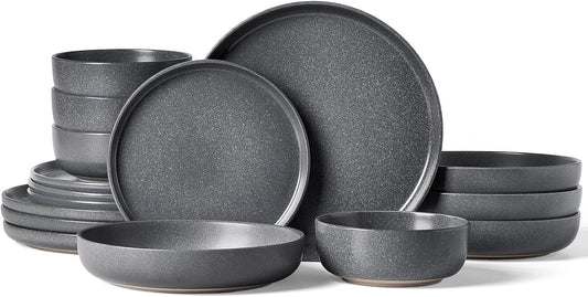 Famiware Milkyway Stoneware Dinnerware Sets with Pasta Bowls, Service for 4 (16 Pieces), Reactive Glaze Plates and Bowls Sets, Microwave and Dishwasher Safe Dishes Set, Matte Dark Charcoal