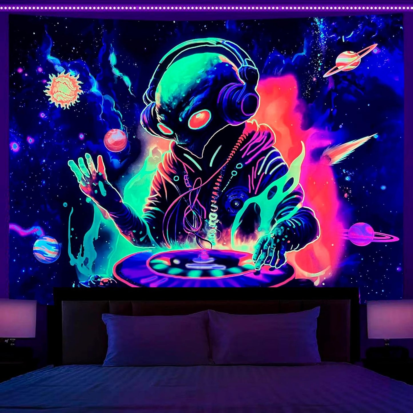 OSVINO Blacklight Alien Tapestry 90"x70" UV Reactive Alien DJing Wall Hanging Art Bedroom Decor Moon and Sun Planets Posters Wall Hanging Hippie Decor