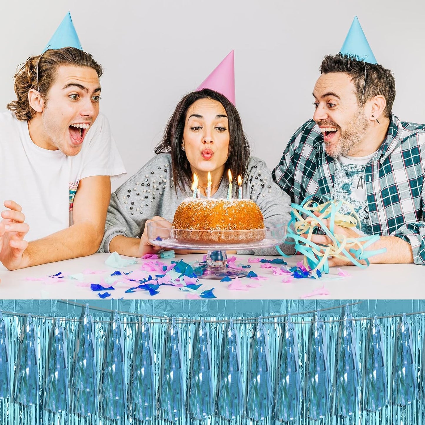 4P Light Blue Foil Fringe Metallic Streamers Banner Tassel Garland for Parade Floats, Bachelorette, Wedding, Birthday, Halloween, Christmas, Bridal/Baby Shower Party Decorations