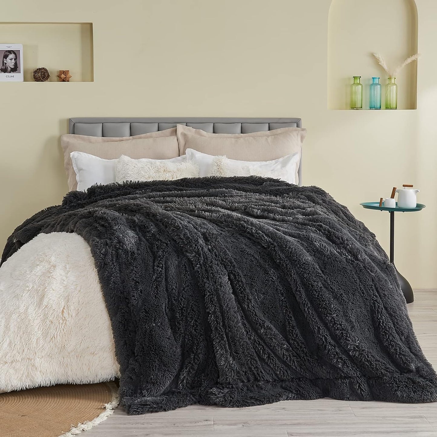 GONAAP Fuzzy Faux Fur Throw Blanket Twin Size Dark Grey Super Soft Cozy Plush Fuzzy Shaggy Blanket for Couch Sofa Bed (Dark Grey, Twin(60"x80"))