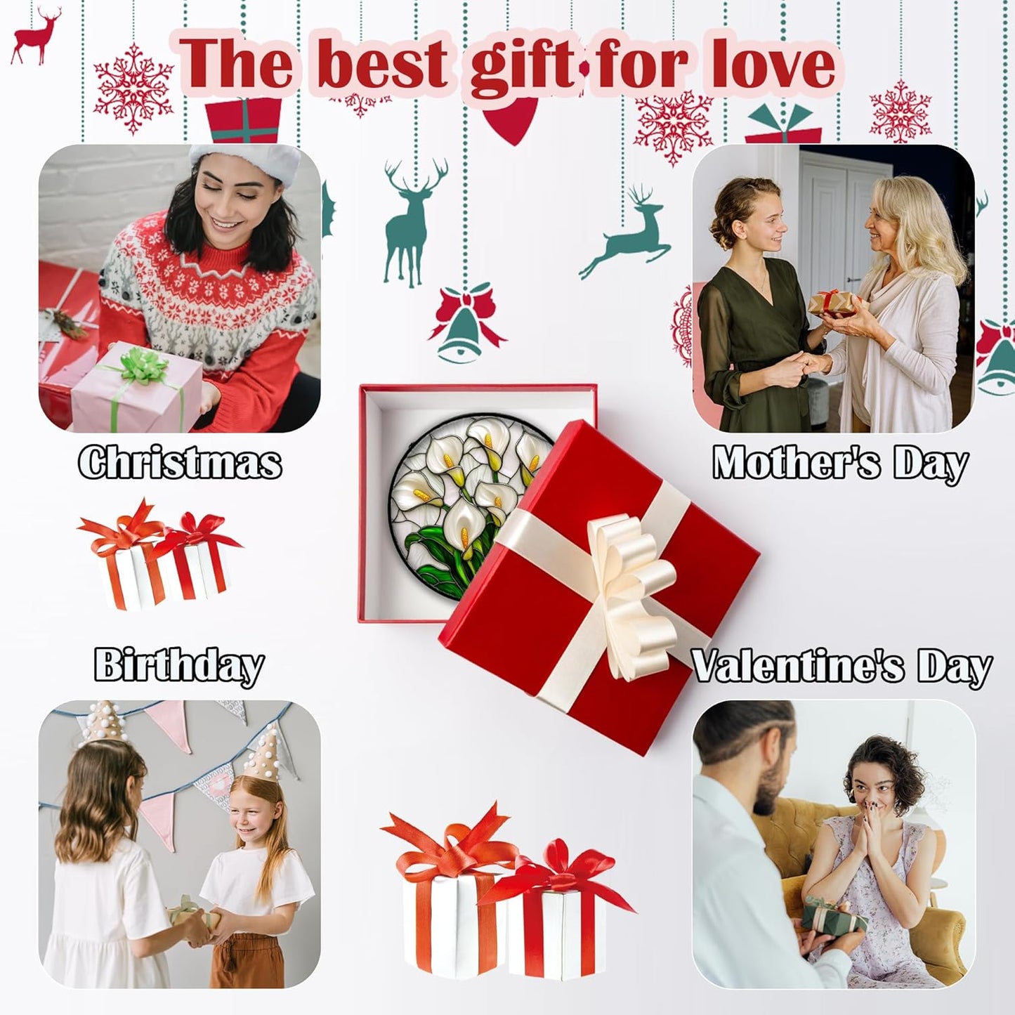 Stained Glass Window Hanging, White Calla Lily Suncatcher Diamond Glass Panel Hangings Flowers Sun Catchers Decor for Birthday for Women, Men, Wife, Aunt, and Mom 14.9x14.9 in