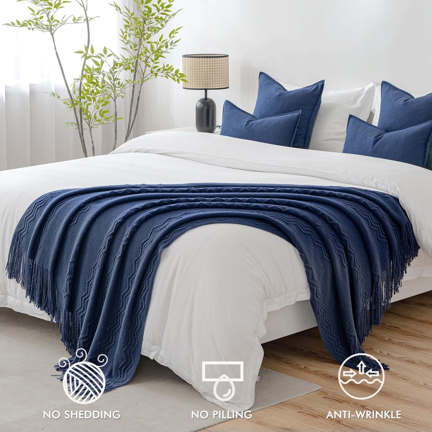 MIULEE Navy Blue Knitted Throw Blanket for Couch Textured Knit Blanket with Tassels Cozy Woven Boho Bed Blanket for Sofa Bed Chair Acrylic Wave Pattern 50"x60"