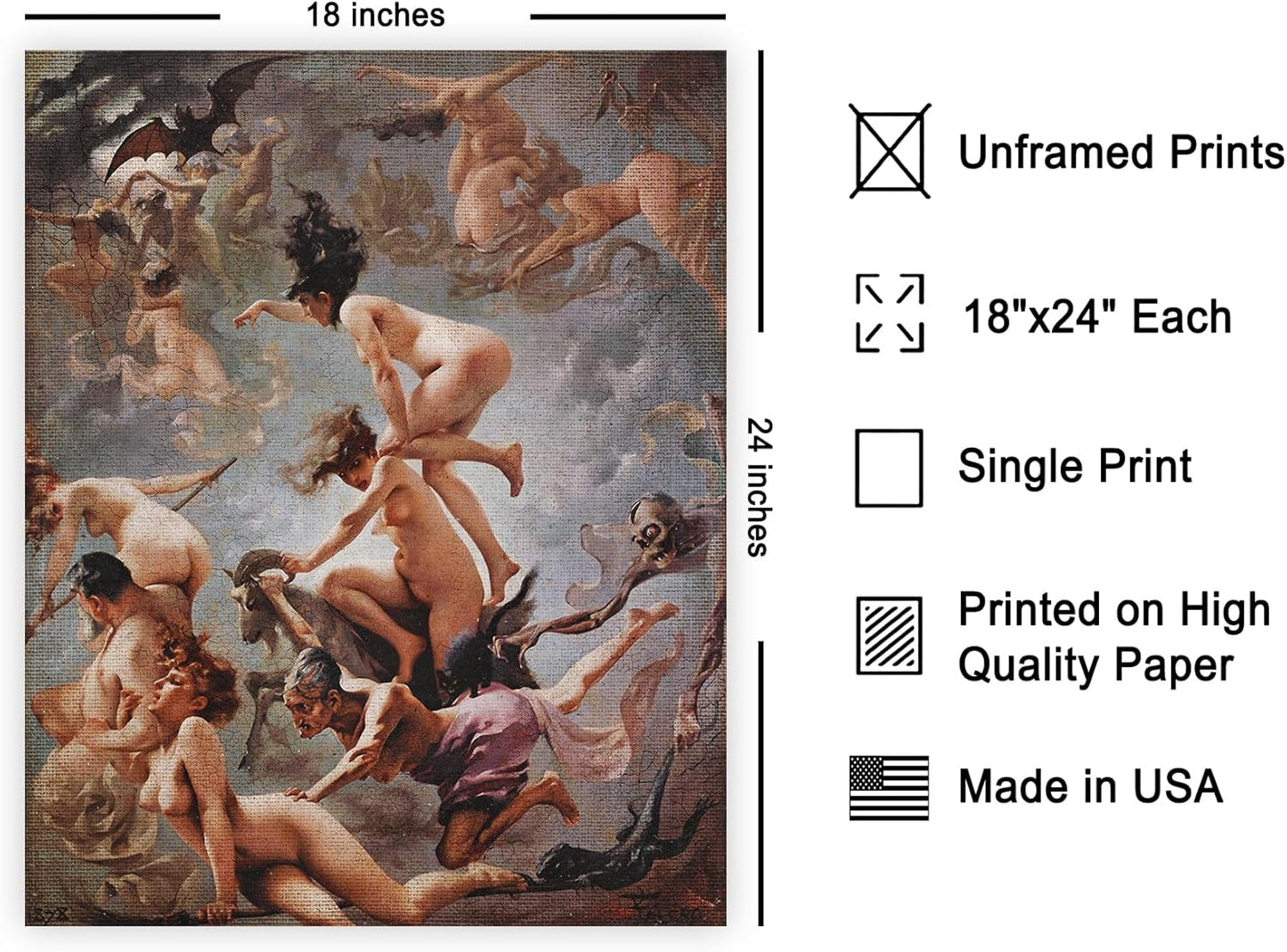 Poster Master Vintage Luis Ricardo Falero Poster - Retro Occult Print - Gift for Gothic, Horror Fan - Witches Going to their Sabbath, Pagan - Wall Decor for Bedroom, Dorm, 18x24 Unframed Wall Art