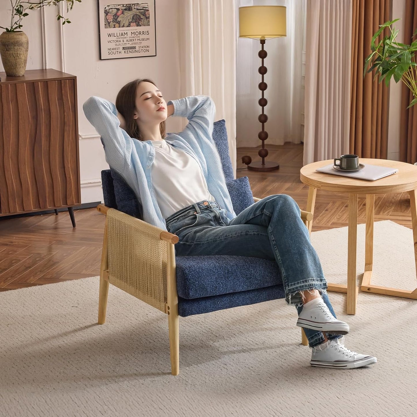 VINGLI Boho Braid Accent Armchairs Set of 2,Mid-Century Modern Chiars with Solid Wooden Armrest,Comfy Louge Cushion Chairs with Waist Pillow for Bedroom,Living Room,Reading Room, Blue