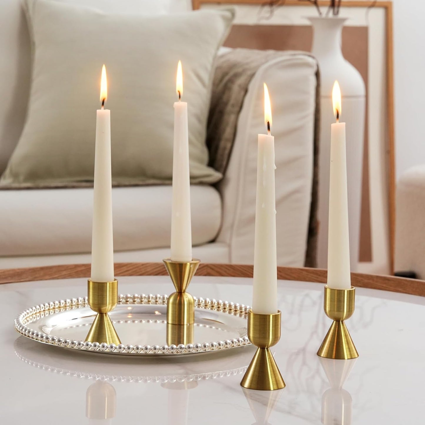 NUPTIO Candle Stick Candle Holder: Set of 4 Gold Aluminium Candlestick Holders - Brass Taper Candleholder for Fall Thanksgiving Christmas Table Fireplace Decoration