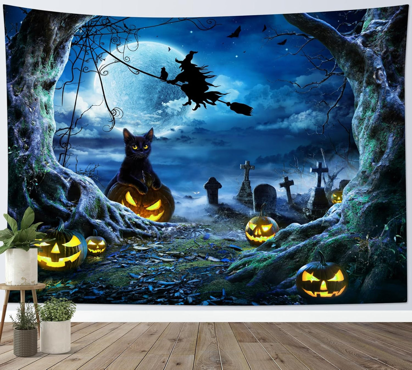 LB Halloween Wall Tapestry 59x51 Inch - Spooky Graveyard Scene with Witch, Black Cat, Pumpkin, Full Moon & Dead Tree Decor for Bedroom, Living Room, Dorm, Party