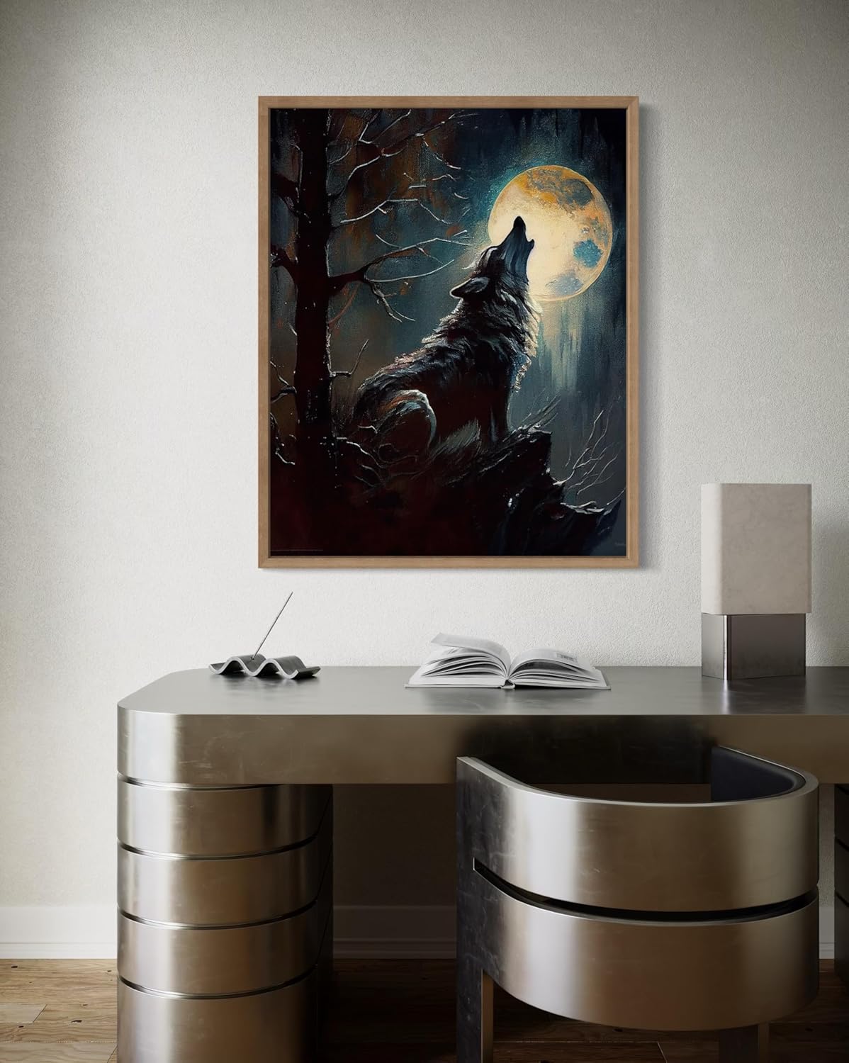 Wolf howling Poster Art Print, Halloween Scary Vintage Wall Art Academia Spooky Painting Decoration for Horror Prints, Gothic Posters Bedroom Decor 89 (Wolf howling, 16 x 20 inches, Wood Frame)