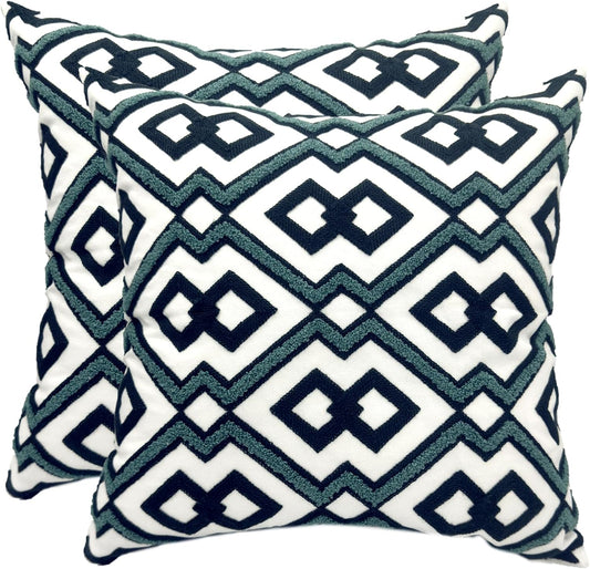 Alysheer Embroidered Decorative Throw Pillow Cover 18"x 18" Set of 2, Classic Boho Geometric Embroidery Pattern Cotton Square Cushion Case for Sofa Couch Living Room Bedroom (Navy Aqua)