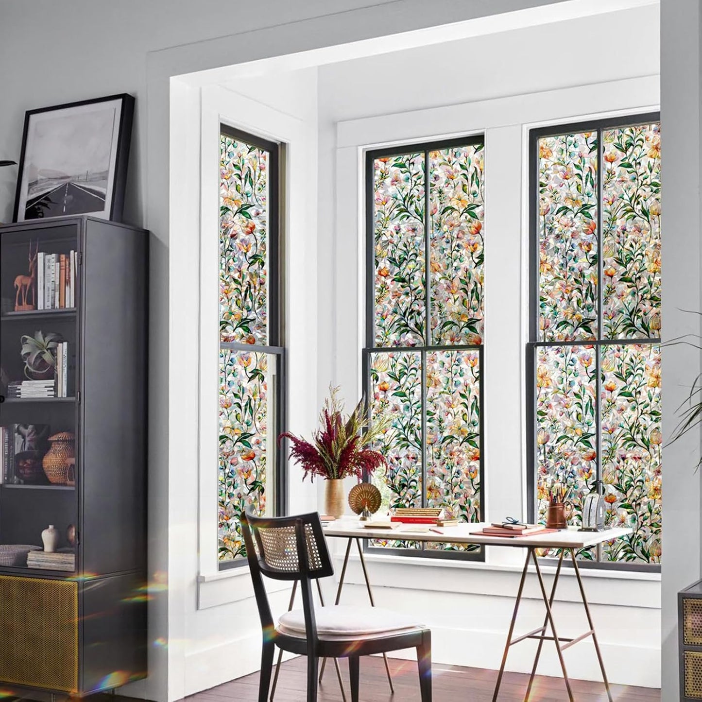 Rainbow Window Privacy Film 3D Floral Decorative Stained Glass Window Film Anti UV Non-Adhesive Reusable 23.6" x 157.4" for Home Room Car Glass Cling