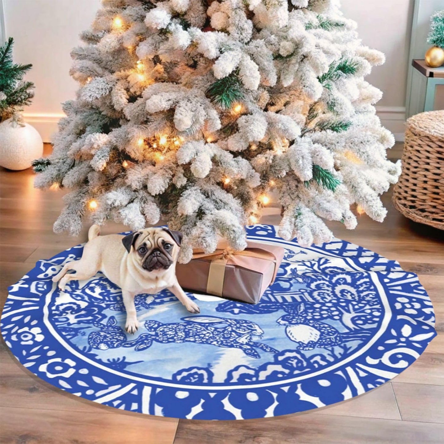 36" Large Christmas Tree Skirt, Blue Willow Oriental Rabbit Whimsical Blue & White Pattern Tree Mat Base Cover for Xmas Festive Holiday Party Decoration Ornaments