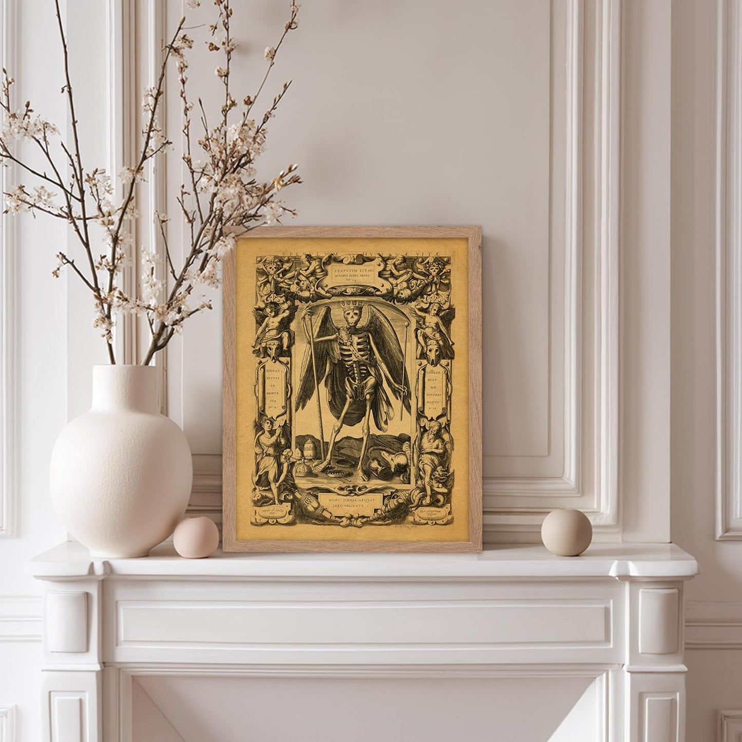 Poster Master Vintage Medieval Poster - Retro Gothic Print - Gift for Artist, Friend - Angel of Death, Memento Mori, Life, Skeleton, Dark - Wall Decor for Home, Living Room, 8x10 Beige Framed