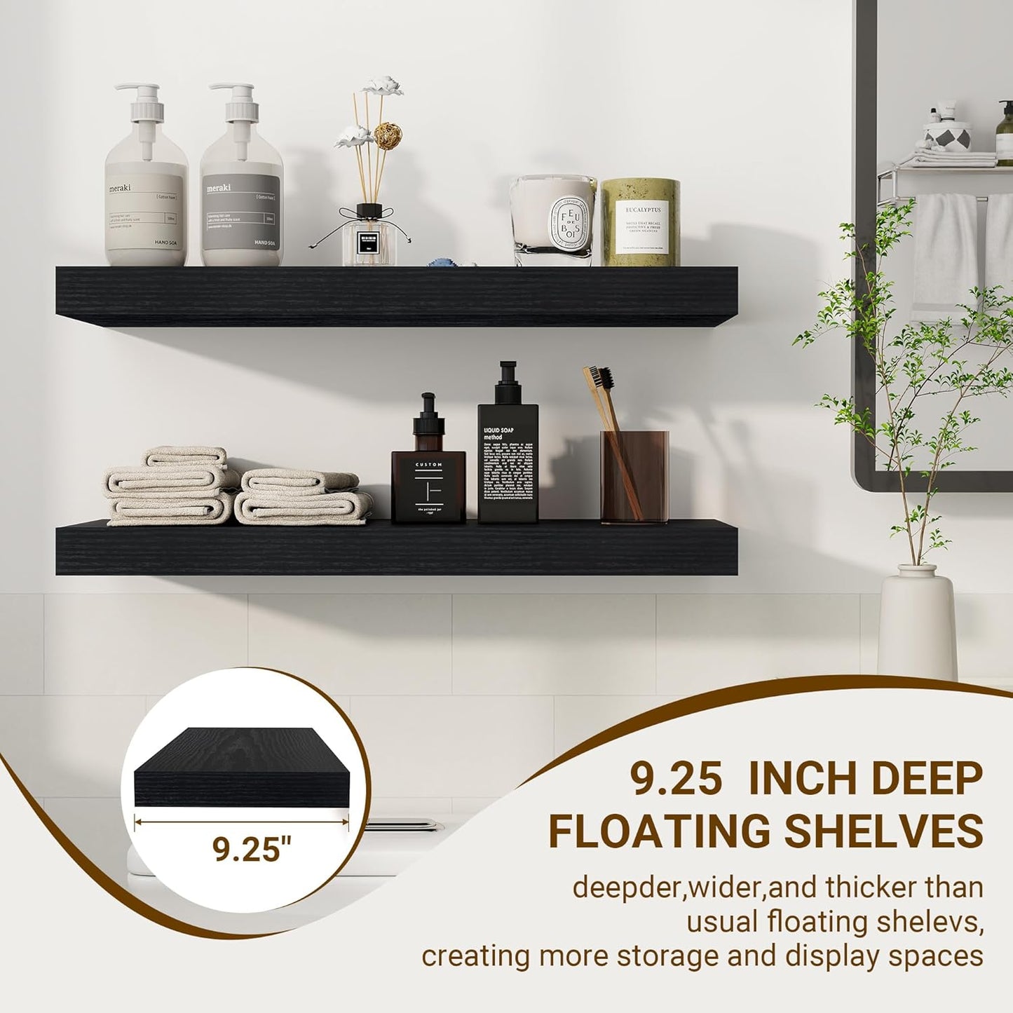 24 Inch Floating Shelves, 24"x9.25"x1.5" Inch Deep Floating Shelves for Wall, Wooden Shelves for Bathroom, Bedroom, Living Room, Black
