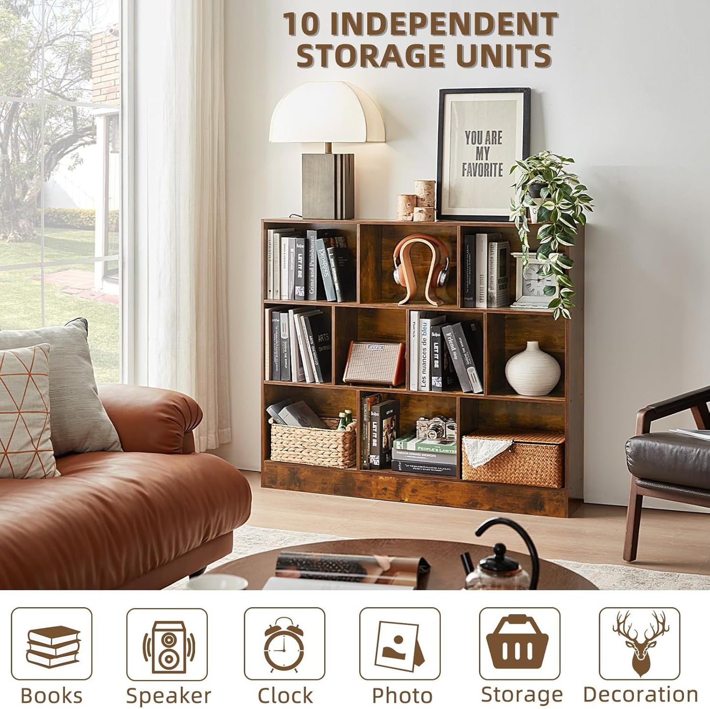 LEYAOYAO 10 Cube Bookshelf with Base,3 Tier Mid-Century Modern Grey Bookcase,Standing Wide Bookshelves Storage Organizer Shelf,Rustic Wood Display Cabinet Book Shelves for Bedroom,Living Room,Office