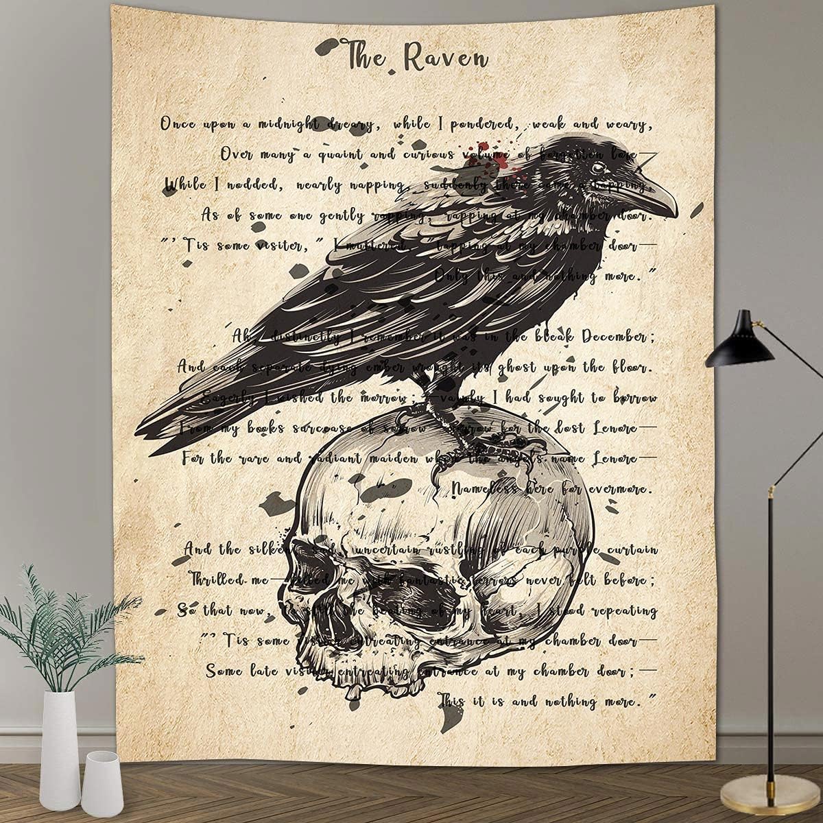 The Raven Tapestry Edgar Allan Poe Poem Tapestry Gothic Skull Dictionary Tapestries Wall Hanging Background 60x80 Inches Living Room Bedroom Home Dorm GTQQAY1544