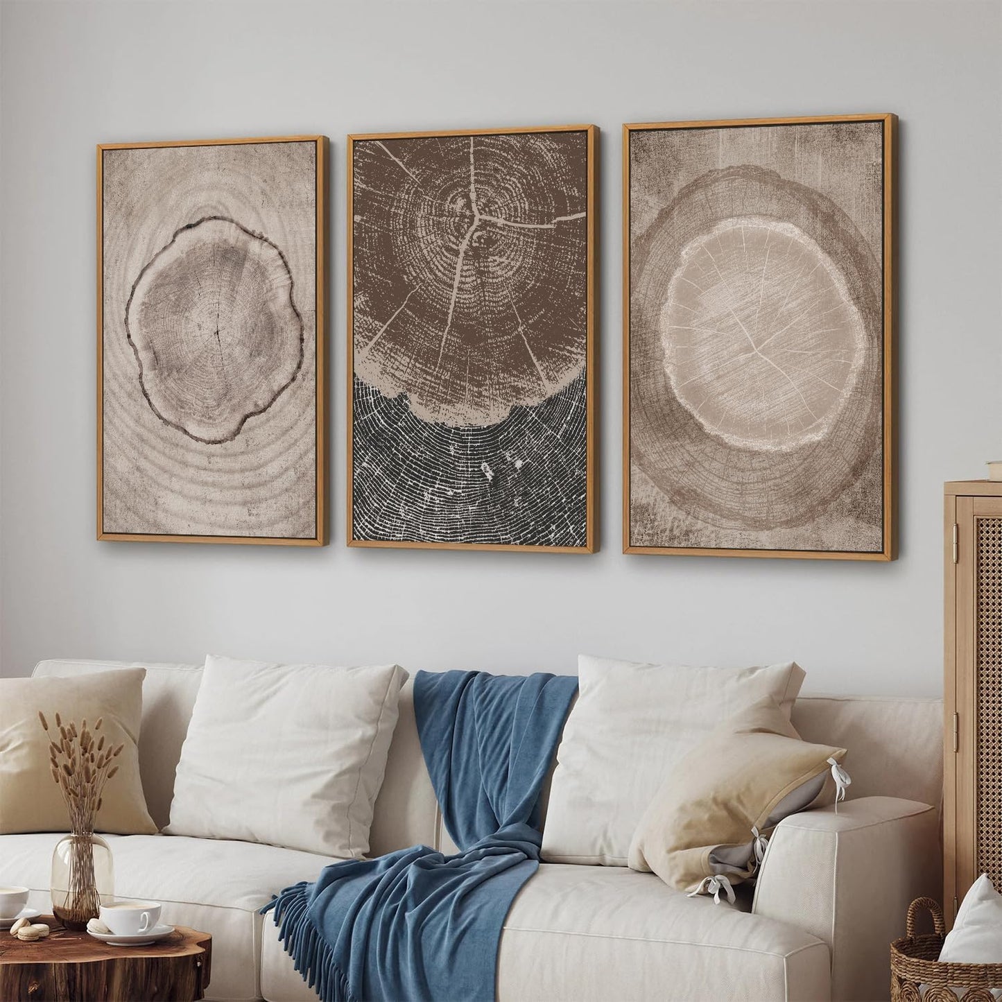 SIGNINART Beige Tree Ring Framed Canvas Wall Art Set, Abstract Black and White Rustic Wood Wall Decor, Neutral Wood Stump Artwork, Modern Art Prints for Bedroom Living Room Office 16"x24"x3