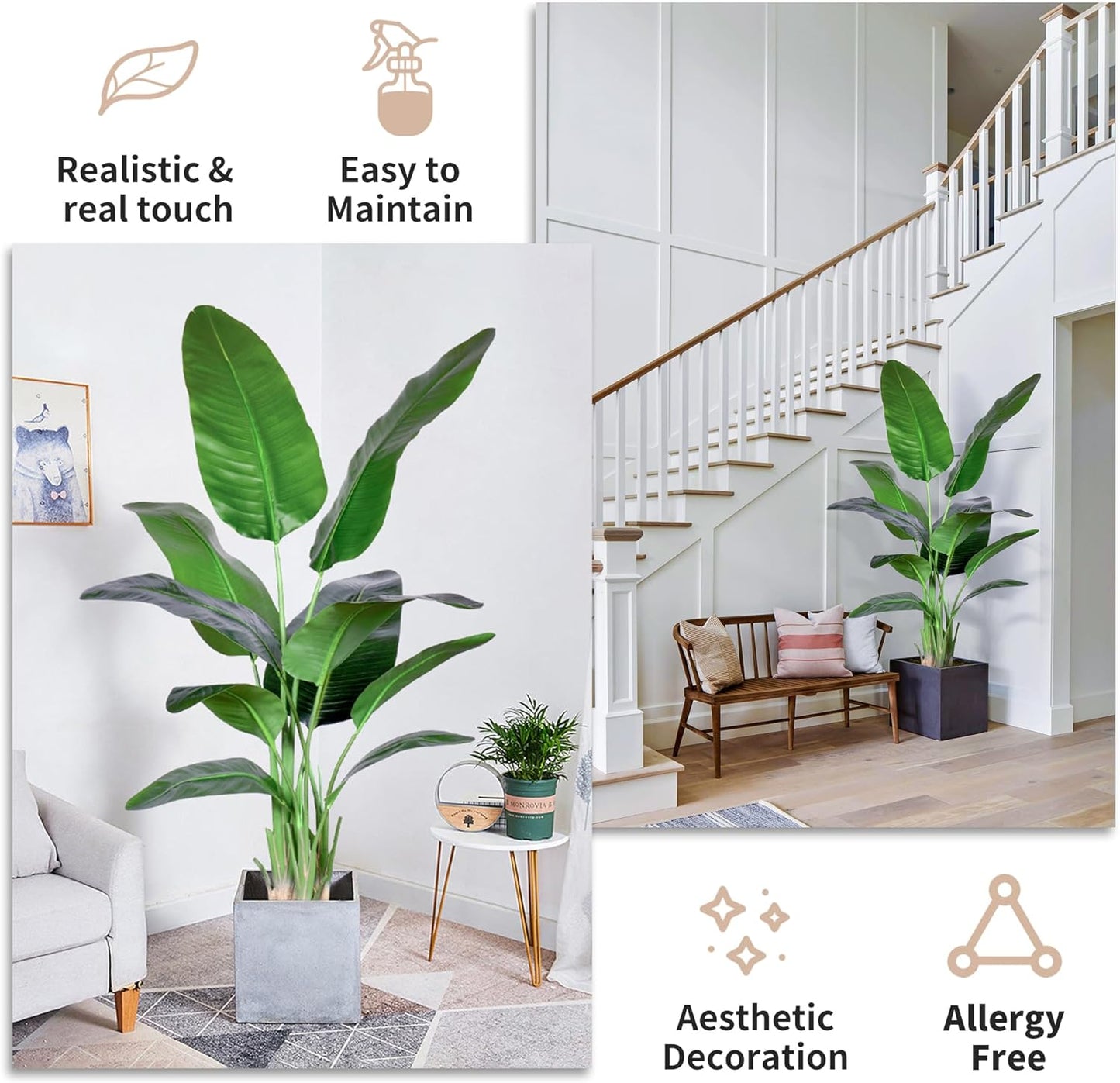 2Packs 5FT Artificial Bird of Paradise Plant,Faux Palm Tree Potted Plant with Real Touch Leaves,Fake Trees for Home Living Room Office Indoor Outdoor Decor(5 FT-2Packs)