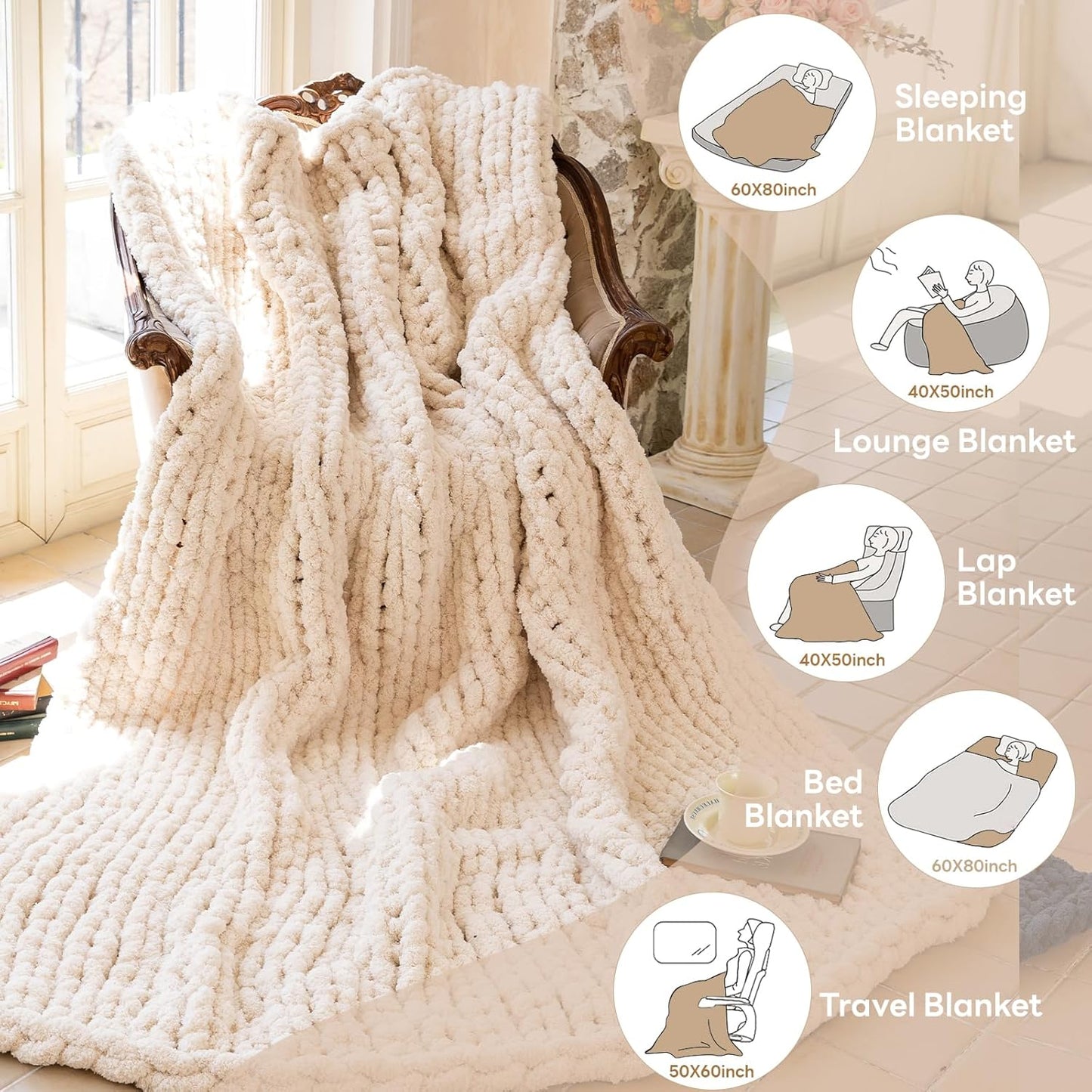 Chunky Knit Blanket - Luxury Soft Cozy 61 * 79 Bold Throw Blanket,100% Woven Blanket Rope Knot Throw Blanket for Couch, Sofa, Home Decor, Gift - Machine Washable（Cream）