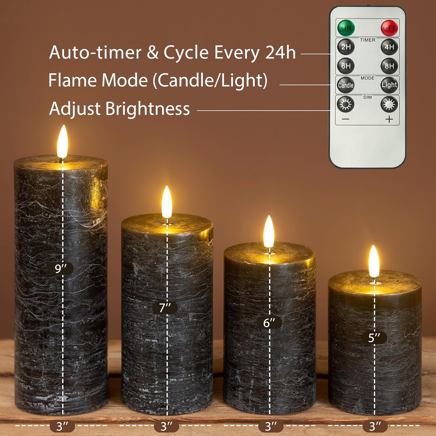 Halloween Flameless Candles, 4 Pack Battery Operated Halloween Candles with Remote, Wax LED Fake Pillar Candles Fireplace/Shelf Decor D3 H 5" 6" 7" 9" Black