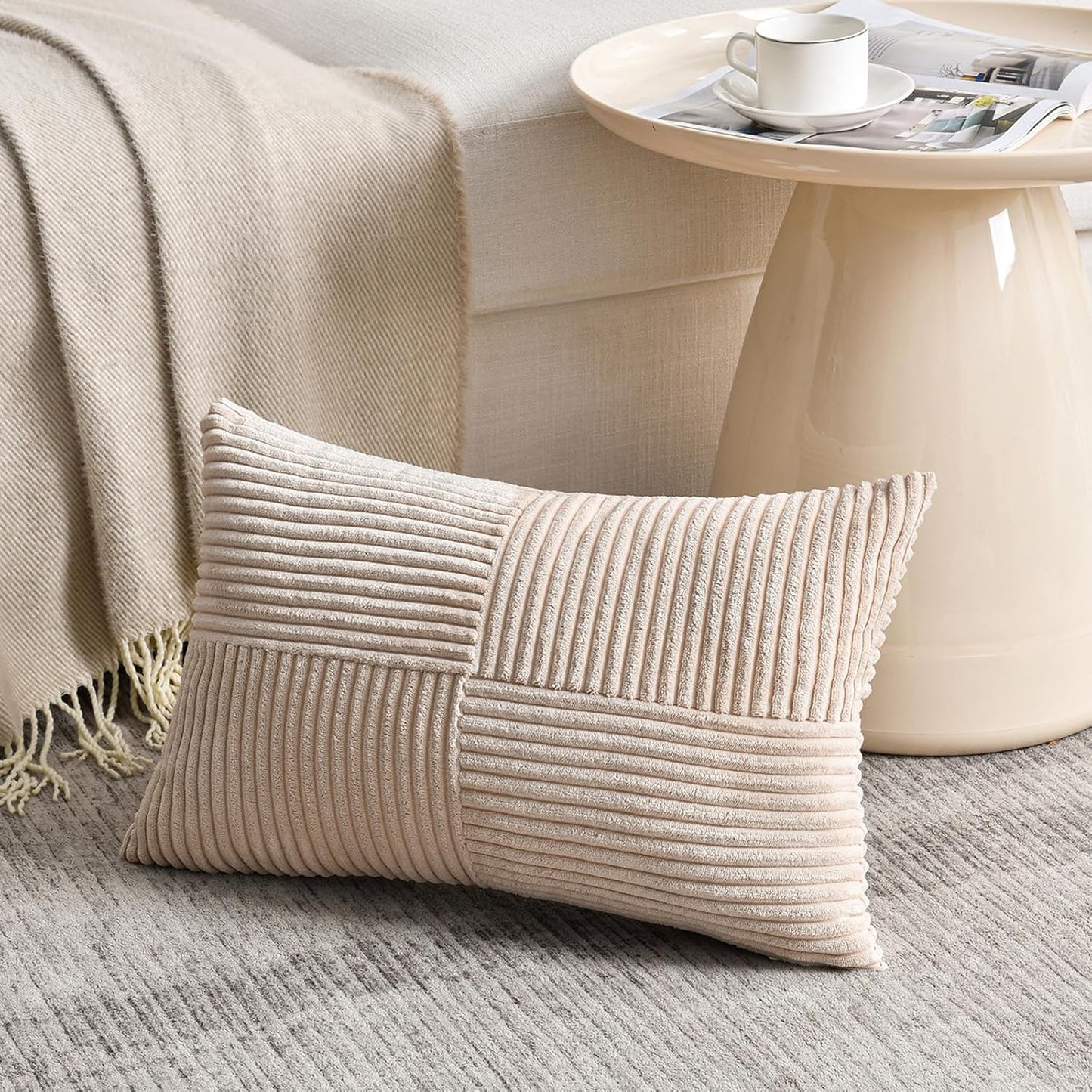 Fancy Homi 2 Packs Tan Long Lumbar Decorative Throw Pillow Covers 16x24 Inch for Couch Bed Sofa, Rustic Farmhouse Boho Home Decor, Soft Striped Corduroy Rectangle Accent Beige Cushion Case 40x60 cm