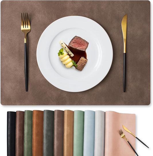 MOSAYT Vinyl Placemats Set of 6-12 X 17 Inch - Faux Leather 100% Waterproof Oil-Proof Wipeable PU Place Mats, Heat Resistant Reversible Table Mats for Kitchen, Dining, Outdoor (Brown)