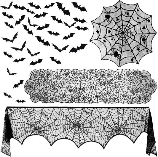 ZeeDix 39 Pcs Halloween Decorations Kit Black Lace Spiderweb Round Tablecloth Table Runner, Giant Spider Cobweb Fireplace Scarf with 36PCS Scary 3D Bats Wall Stickers for Halloween Party Decor