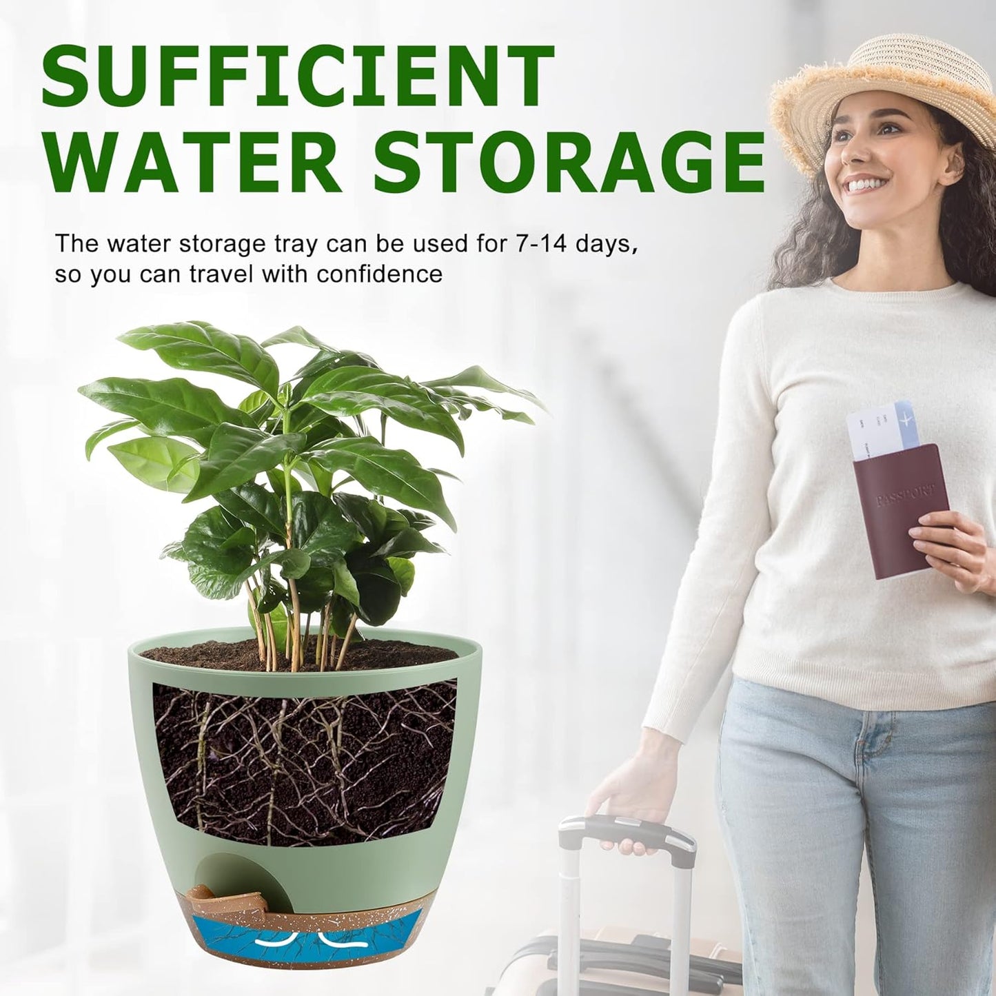 Plant Pots 10/9/8/7.5/7 Inch Self Watering Pots, Set of 5 Plastic Planters with Drainage Holes and Saucers,Plastic Flower Pots,Nursery Planting Pot for Indoor Out Door Plants（Green）