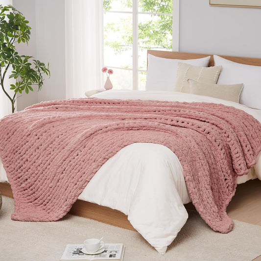 L'AGRATY Chunky Knit Blanket Throw: 80''x90'' Chenille Chunky Knitted Throw Blanket for Bed Couch - Handmade Thick Big Cable Knit Blanket - Large Chunky Crochet Blanket for Home Decor(Rose Pink)
