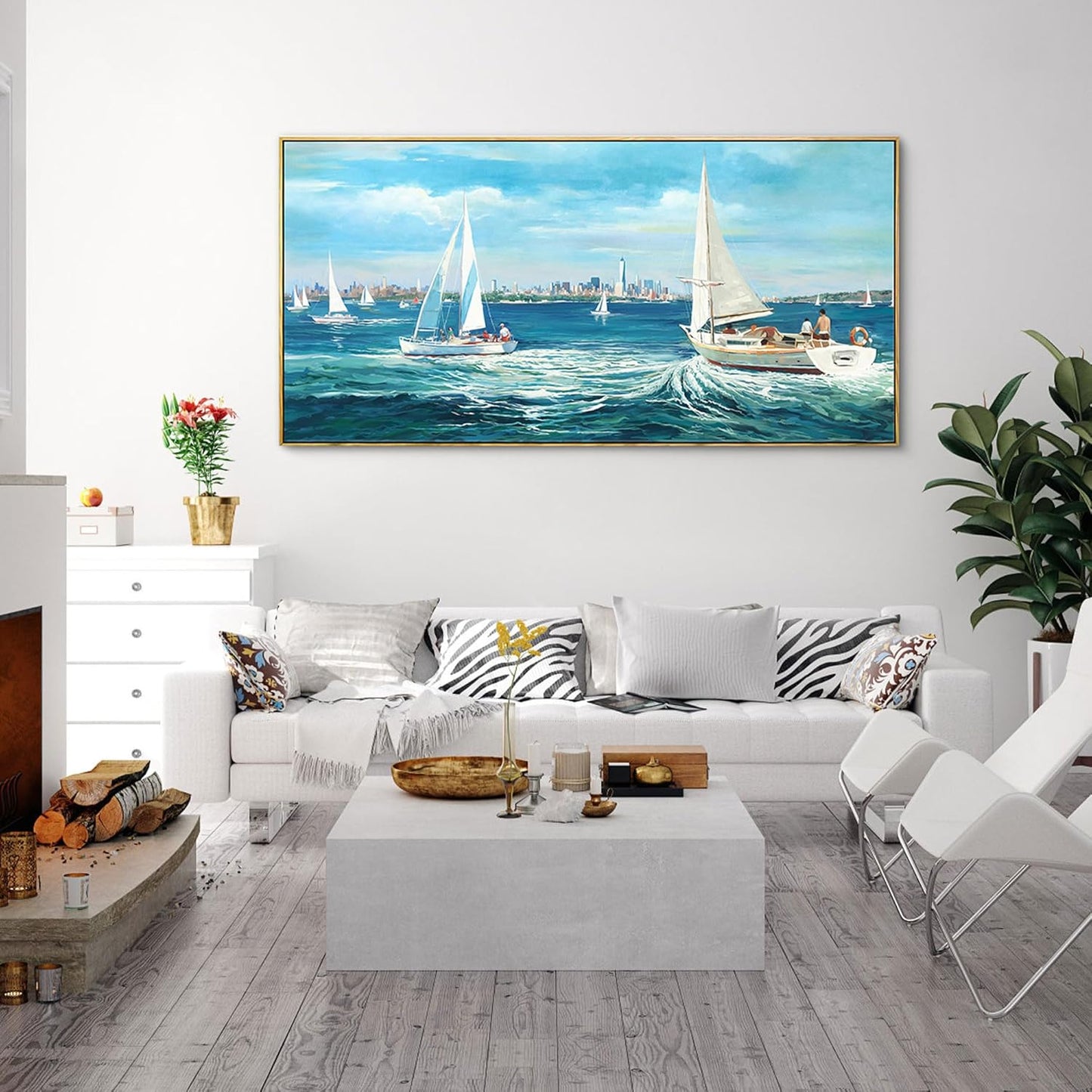 XLSJERST Large Blue Canvas Wall Art Seascape Painting - Landscape Picture Textured Navy Modern Sailboat Ocean Artwork Framed for Living Room Bedroom Bathroom Home Office Wall Decor Large Size 24"x48"