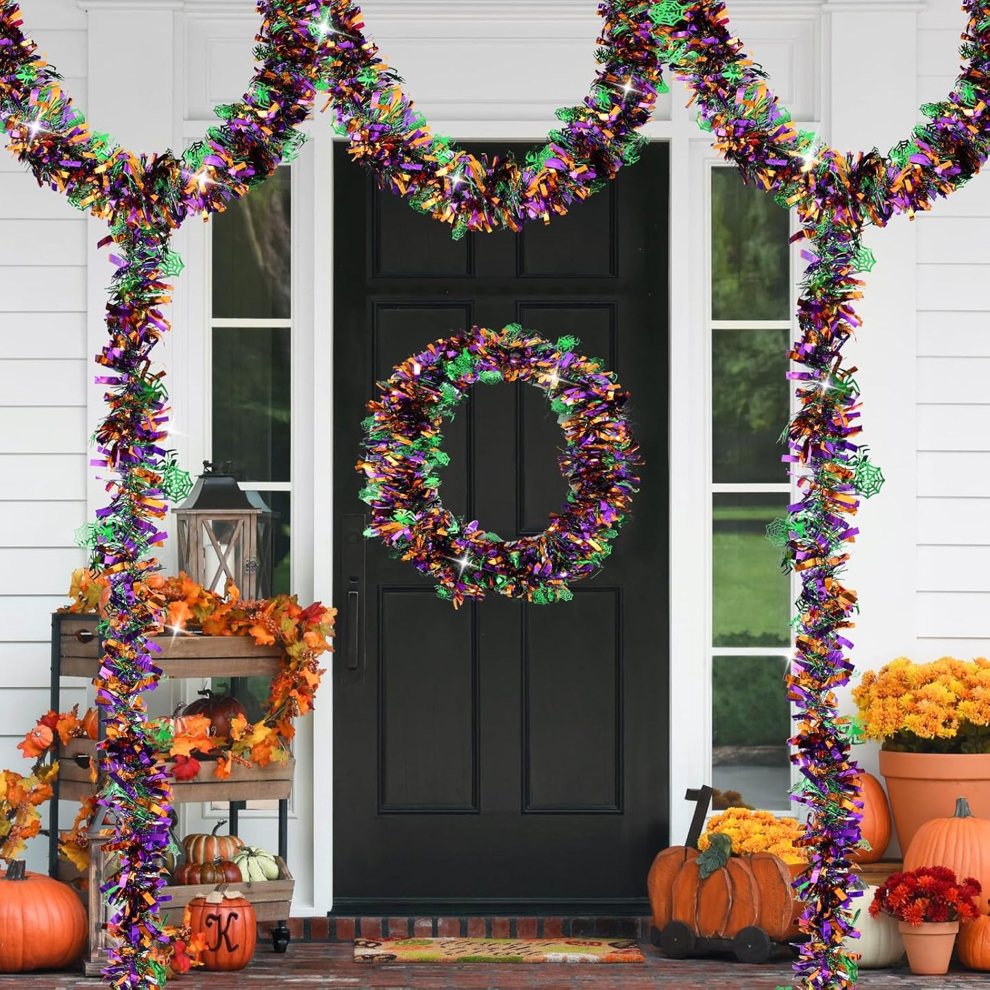 33 FT Halloween Tinsel Garland Decorations,Orange Purple Green Halloween Garland with Spider,Spider Web Shiny Metallic Garlands for Indoor Outdoor Decorations