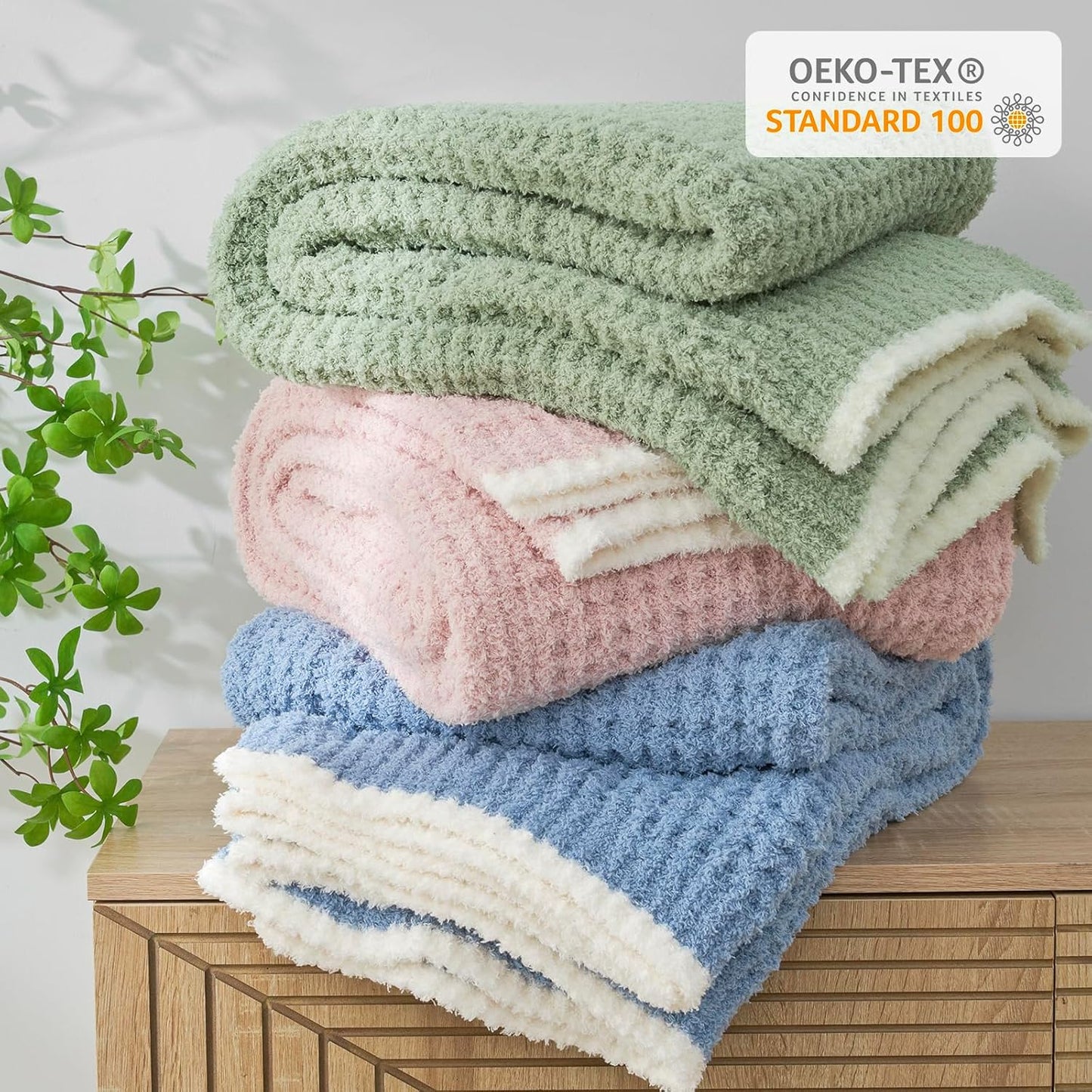 Snuggle Sac Ultra Soft Waffle Throw Blanket for Couch Bed Sofa 50x60 inches, Reversible Sage Green Blanket Microfiber Fluffy Fuzzy Cozy Knit Throws for Women Mothers Birthday Gifts