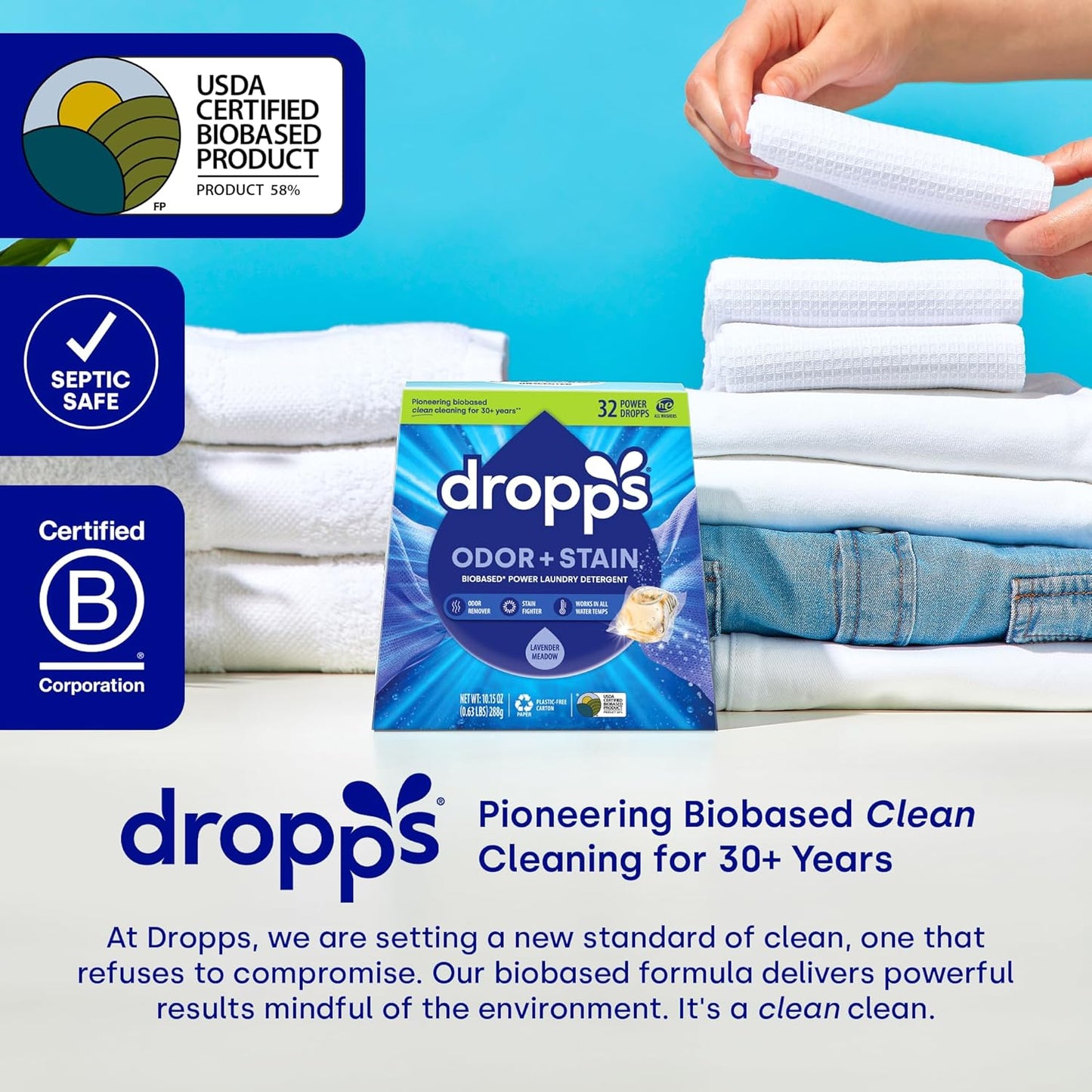 Dropps Odor & Stain Biobased Power Laundry Detergent Pods, Crisp Breeze (32 Pods) - HE Compatible Laundry Pods for Fresh Clothes - Laundry Soap Supplies & Recyclable Paperboard Packaging
