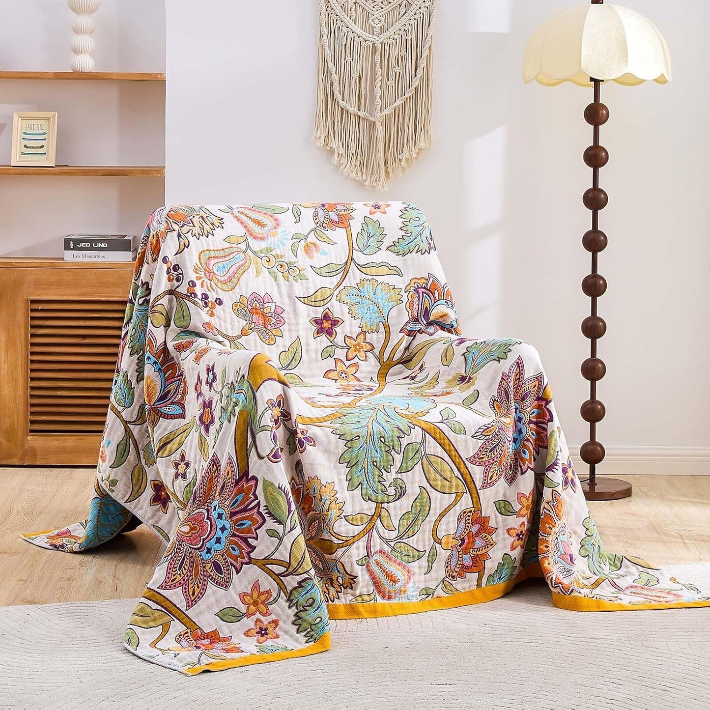 Boho Throw Blanket for Bed, 100% Cotton Soft Rustic Quilt Fall Blanket, 60"x80" Floral Printed Farmhouse Decor Bed Blankets, All Season Rustic Reversible Bohemian Throw Quilt