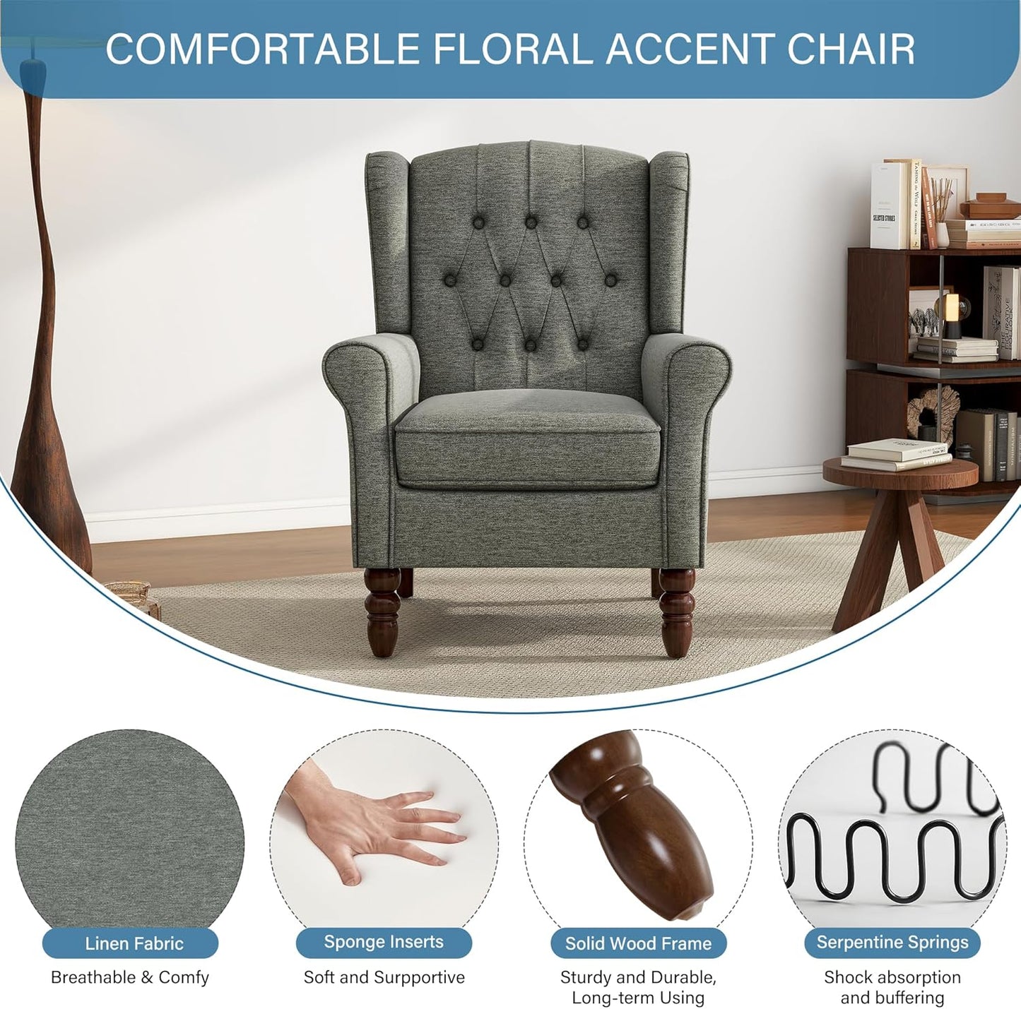 UIXE High Back Accent Chairs Set of 2, Upholstered Armchair in Fabric, Retro Wingback Arm Chair for Living Room, Comfy Single Sofa Bedroom Reading Seat with Solid Wood Legs - Dark Gray