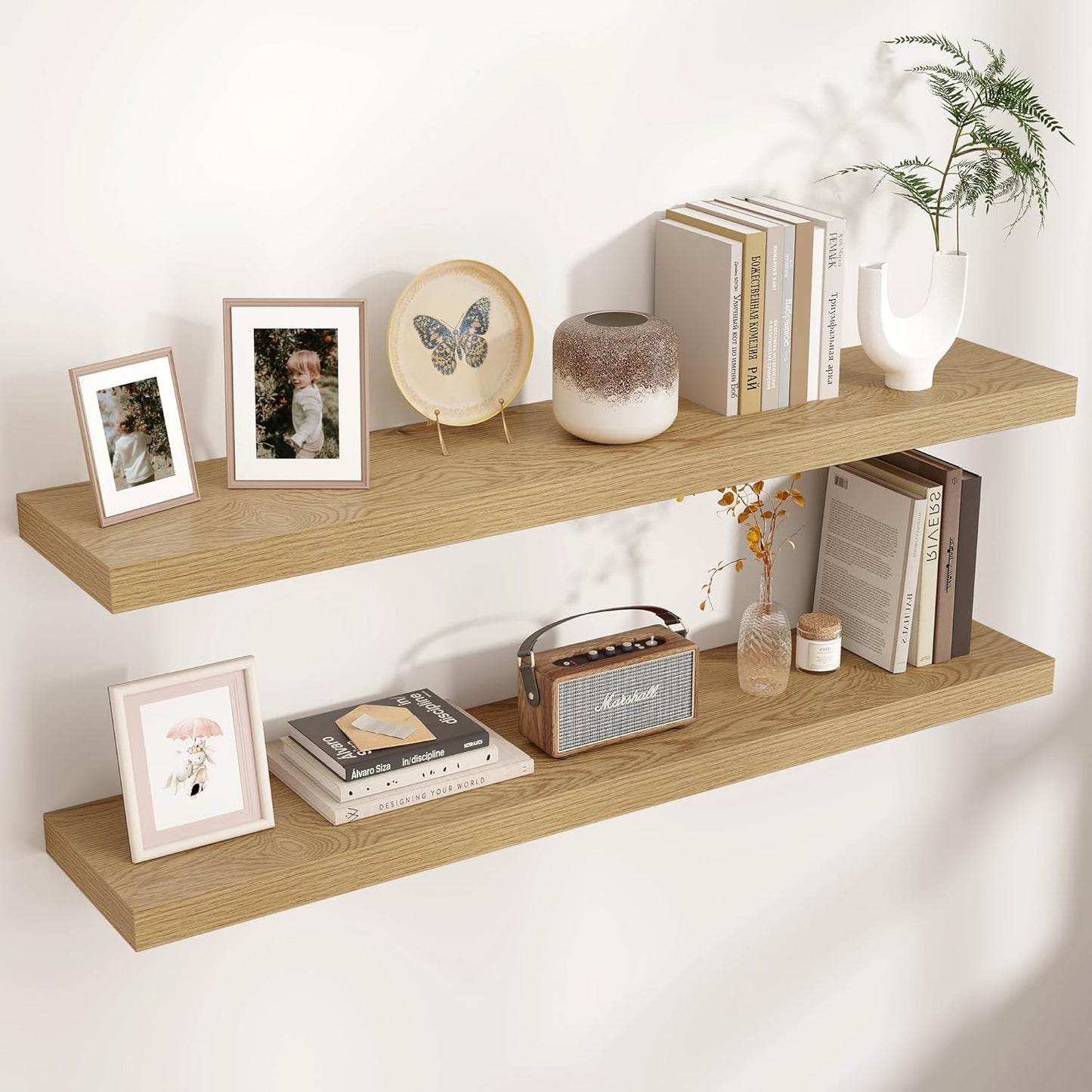 Floating Shelves - 2 Large Wall Mounted Shelves with Invisible Brackets, Long Wood Floating Wall Shelf for Living Room, Bedroom, Kitchen (Oak, 48" W x 9" D x 1.5" H)