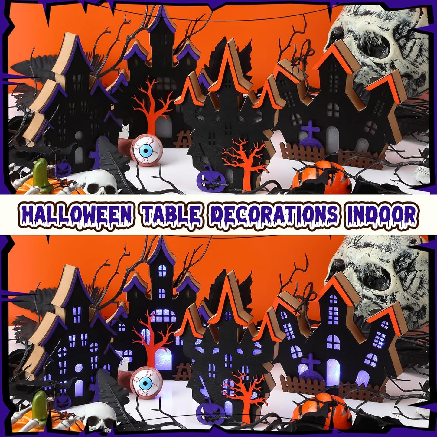 Bucherry 4 Pack Halloween Table Haunted House Decor Lighted Wooden Village Ghost House 3D Tabletop Decorations for Halloween Indoor Home Kitchen Desk Gift(New Style)
