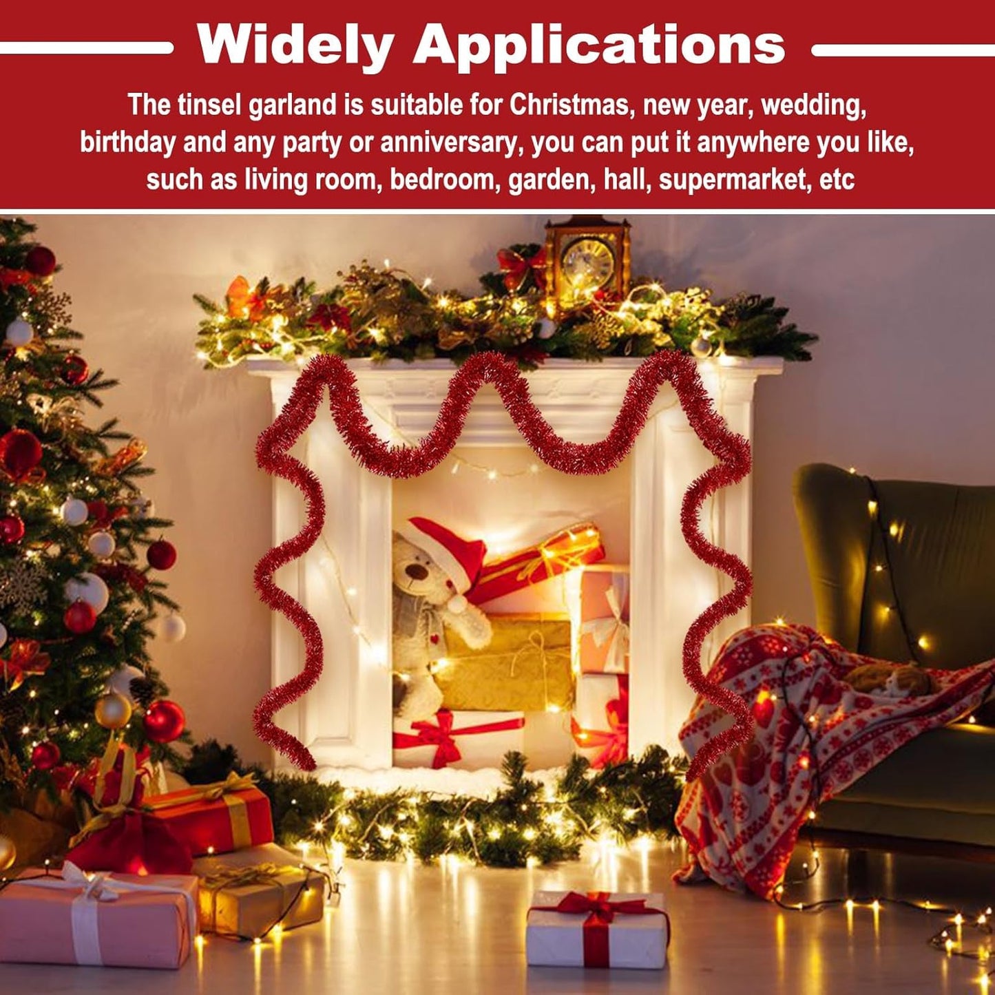 25 Feet Metallic Twist Tinsel Garland - Wall Hanging Backdrop for Parade Floats, Christmas Eve, New Year, Valentine's Day Parties (Red, 4in x 25ft)