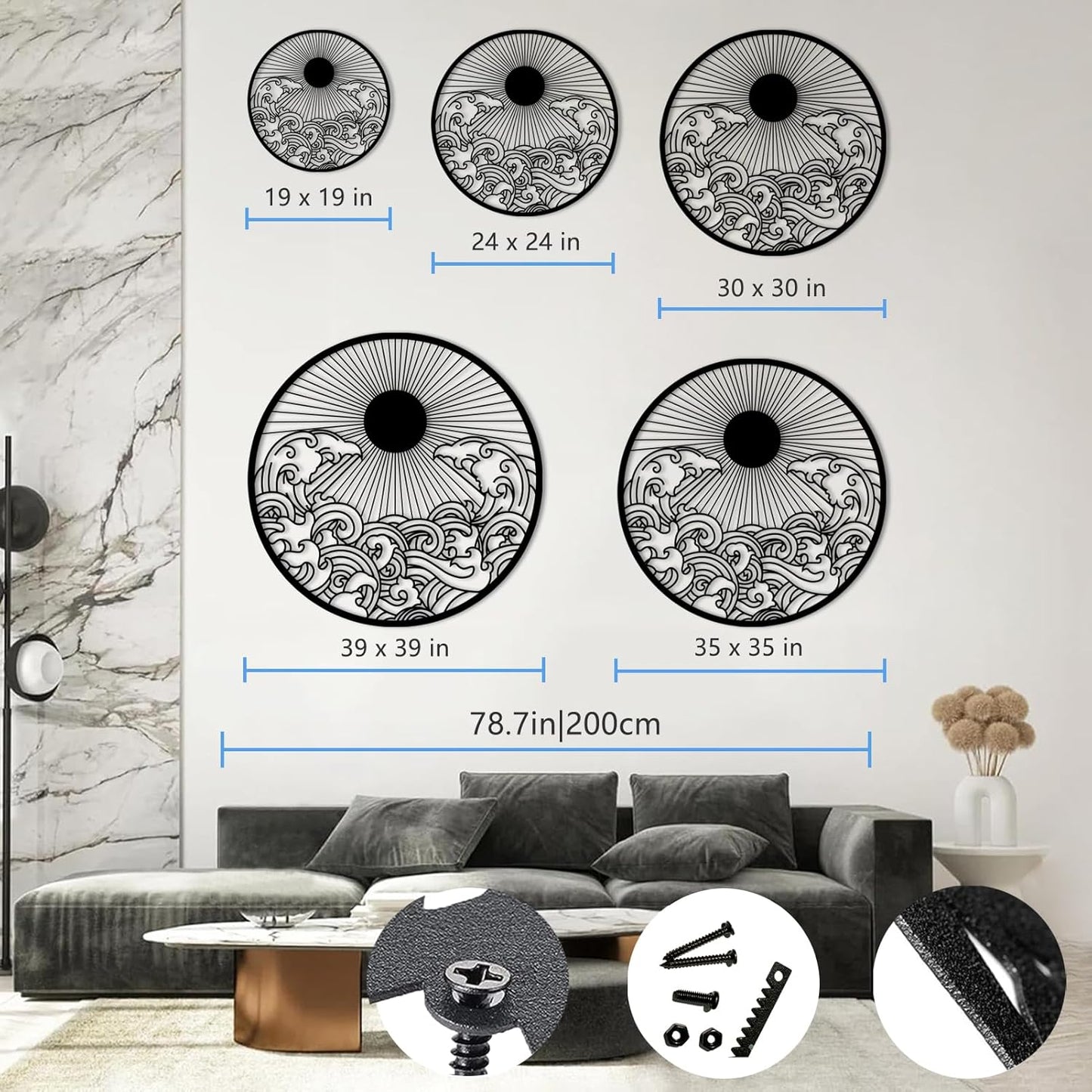 flyoak Metal Sun Wall Decor Outdoor, Sunrise Metal Wall Art, Metal Wave Wall Art, Sunrise and Wave Wall Decor, Sunburst Wall Art, Sunset Wall Art, Wall Hangings for Bedroom (White, 35x35in|90x90cm)