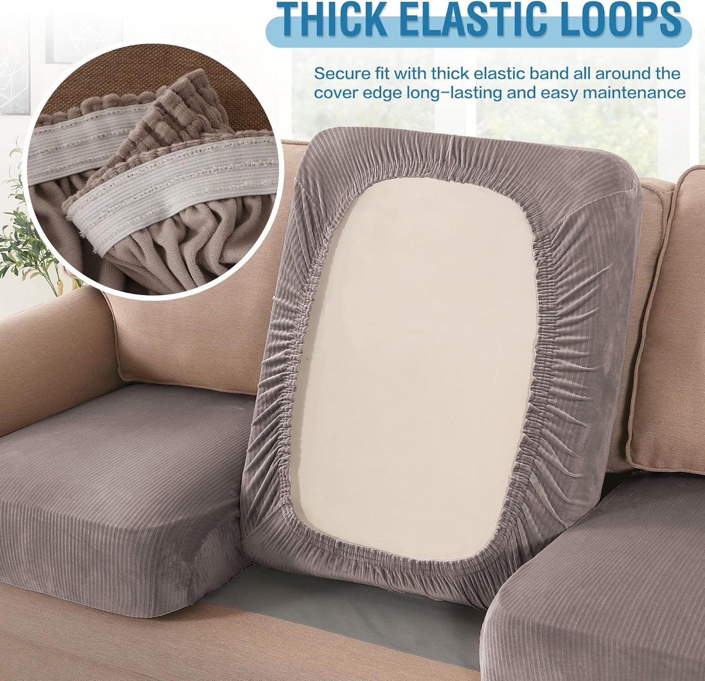 H.VERSAILTEX Velvet Stretch Couch Cushion Cover Plush Cushion Slipcover for Chair Loveseat Sofa Cushion Furniture Protector Seat Cushion Sofa Cover (2 Piece Large Sofa Cushion Covers, Taupe Striped)