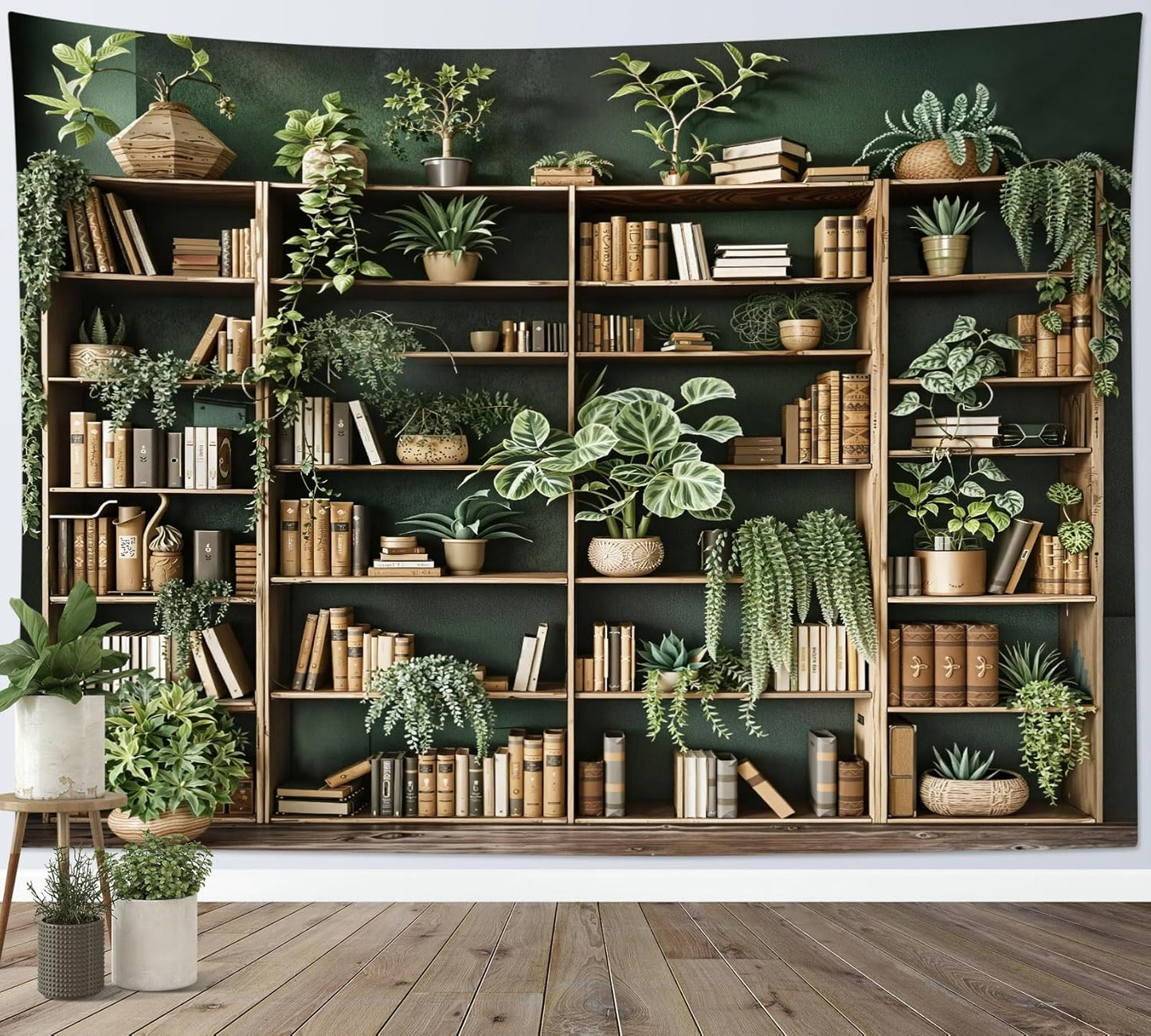 HVEST Green Plant Bookshelf Tapestry Book on Bookshelf and Plant Potted Tapestry Wall Hanging Reading Wall Decor for Study Room Bedroom Living Room College Dorm, 70.9L x 92.5W Inches