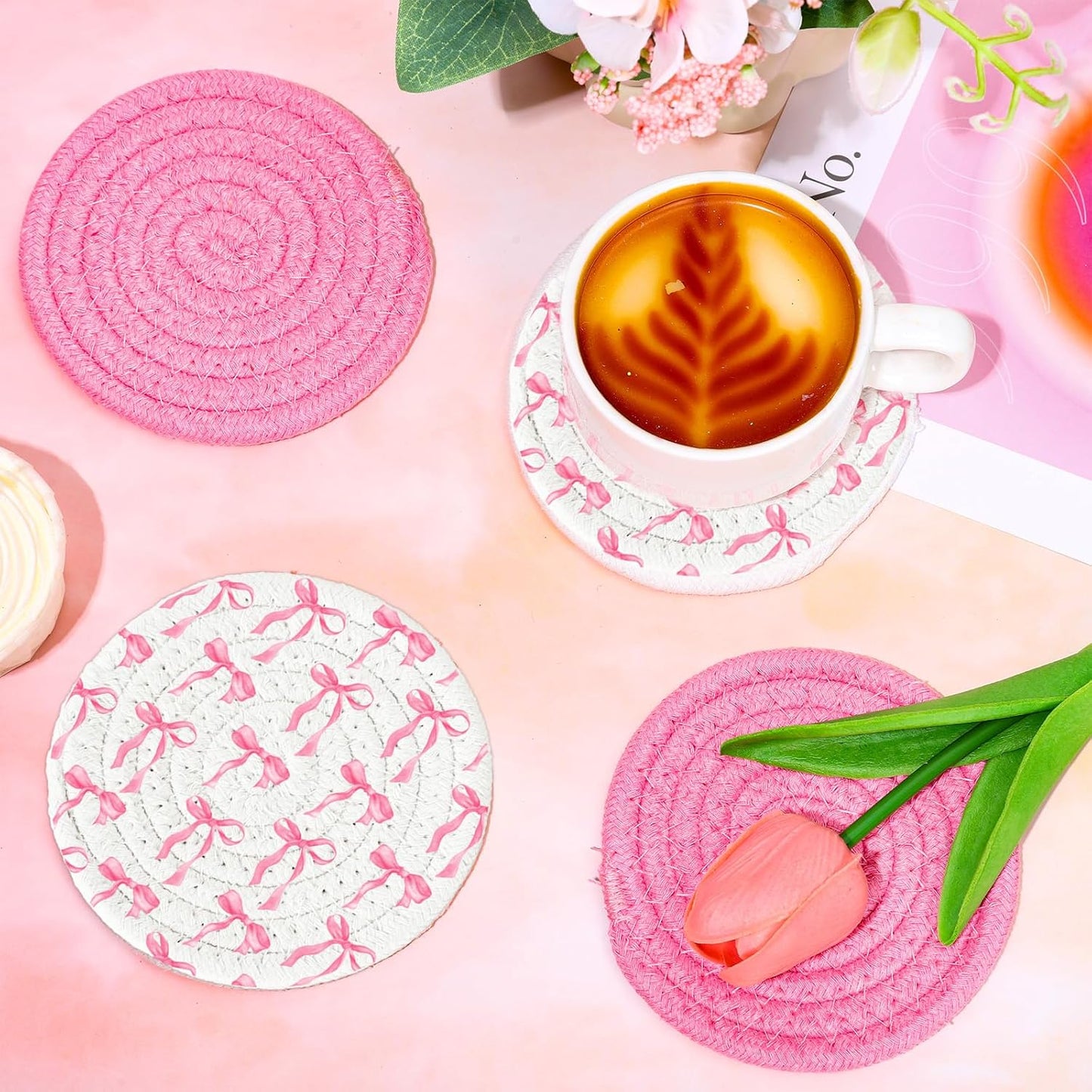 Whaline Pink Bow Coasters Handmade Braided Cotton Coasters Round Absorbent Bowknot Coquette Drink Mats for Breast Cancer Awareness Birthday Wedding Baby Shower Party Home Office Table Decor, Set of 4