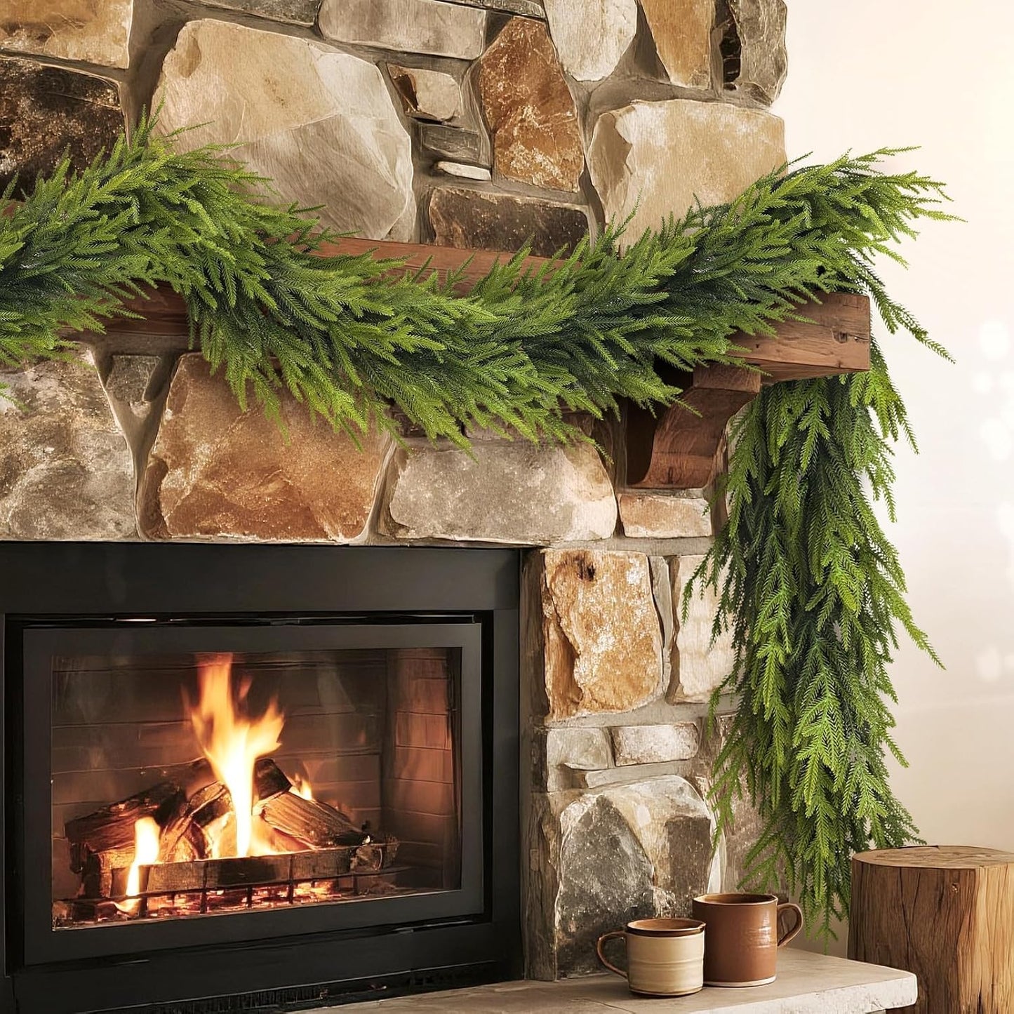 Artificial Norfolk Pine Garland - Faux Christmas Garland Fake Green Garland for Fireplace,Table, Stairs, Mantle, Window,Indoor Outdoor,Home,Holiday Decor (2 PCS,9 FT)