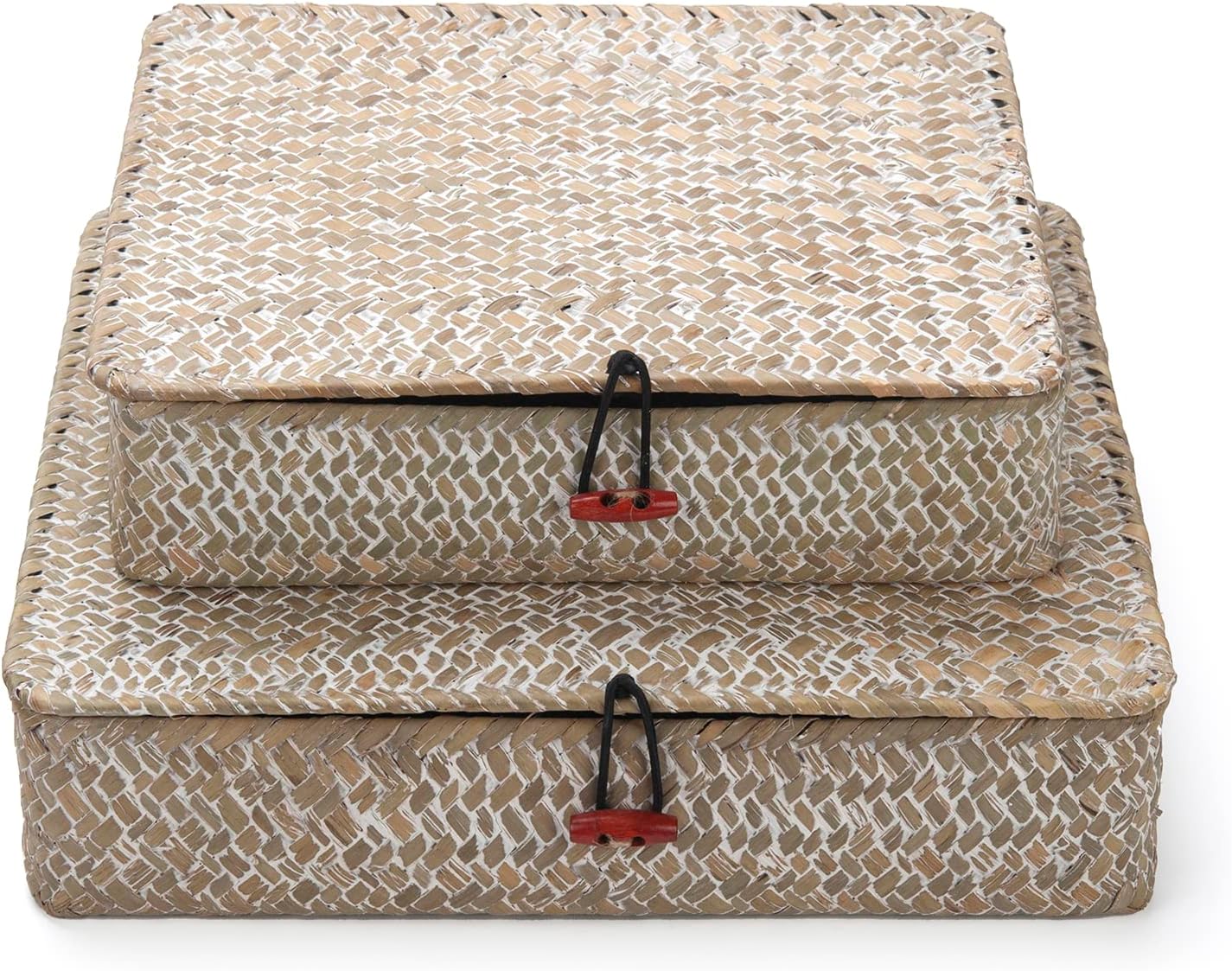 Whitewash Seagrass Basket with Lid Rectangular Decorative Storage Boxes for Shelf Organize Snack Toys Set of 2 (Large+Small)