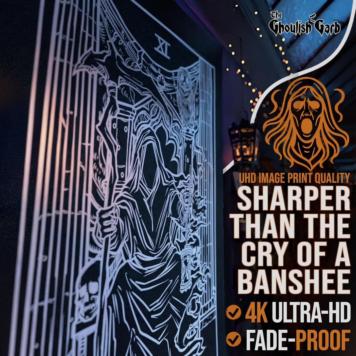 The Ghoulish Garb Justice Tarot Card Tapestry (Black & White) - Grim Reaper - Gothic Halloween Home Decor Wall Hanging (60" x 50")