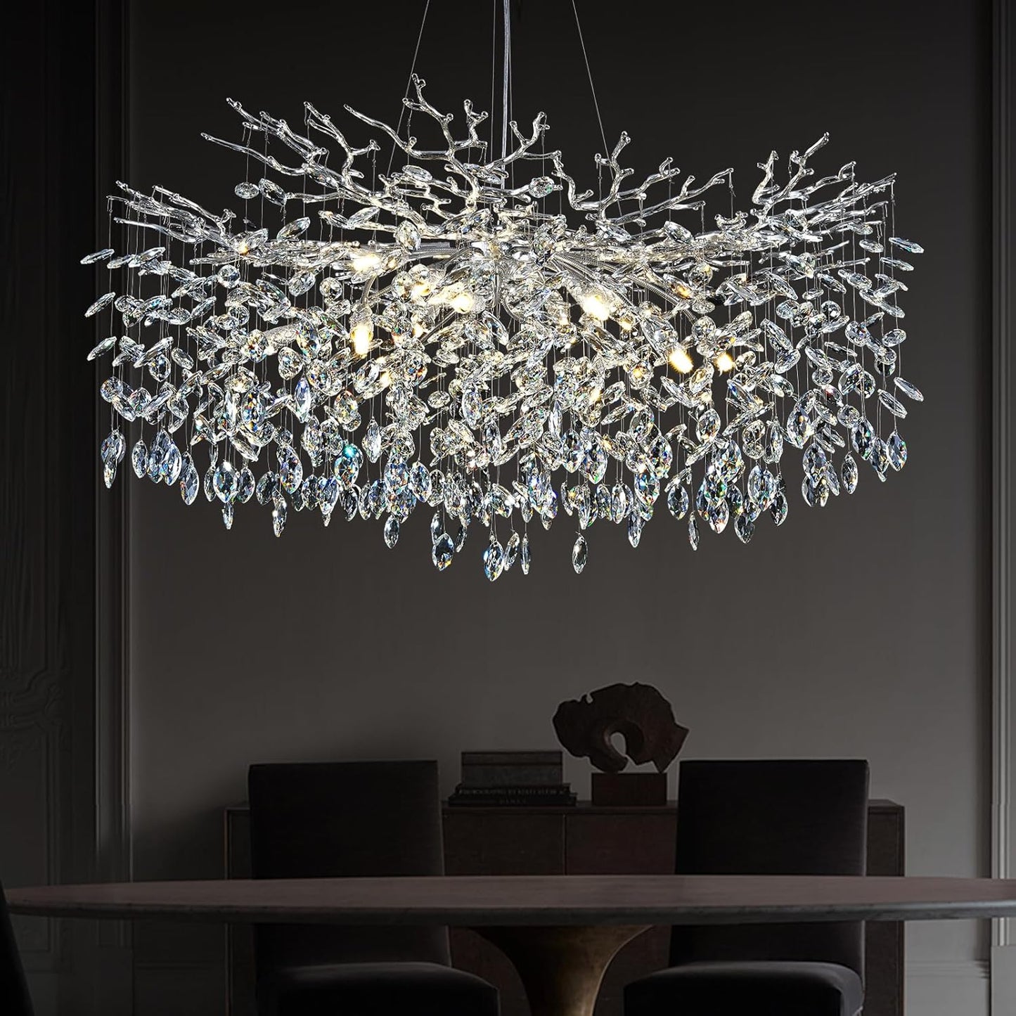 Modern Crystal Chandeliers for Dining Room, 40" Round Silver Tree Branches Chandeliers, Large Dining Room Over Table Chandeliers Lights Fixture, Branches and Crystals Ceiling Light Fixtures