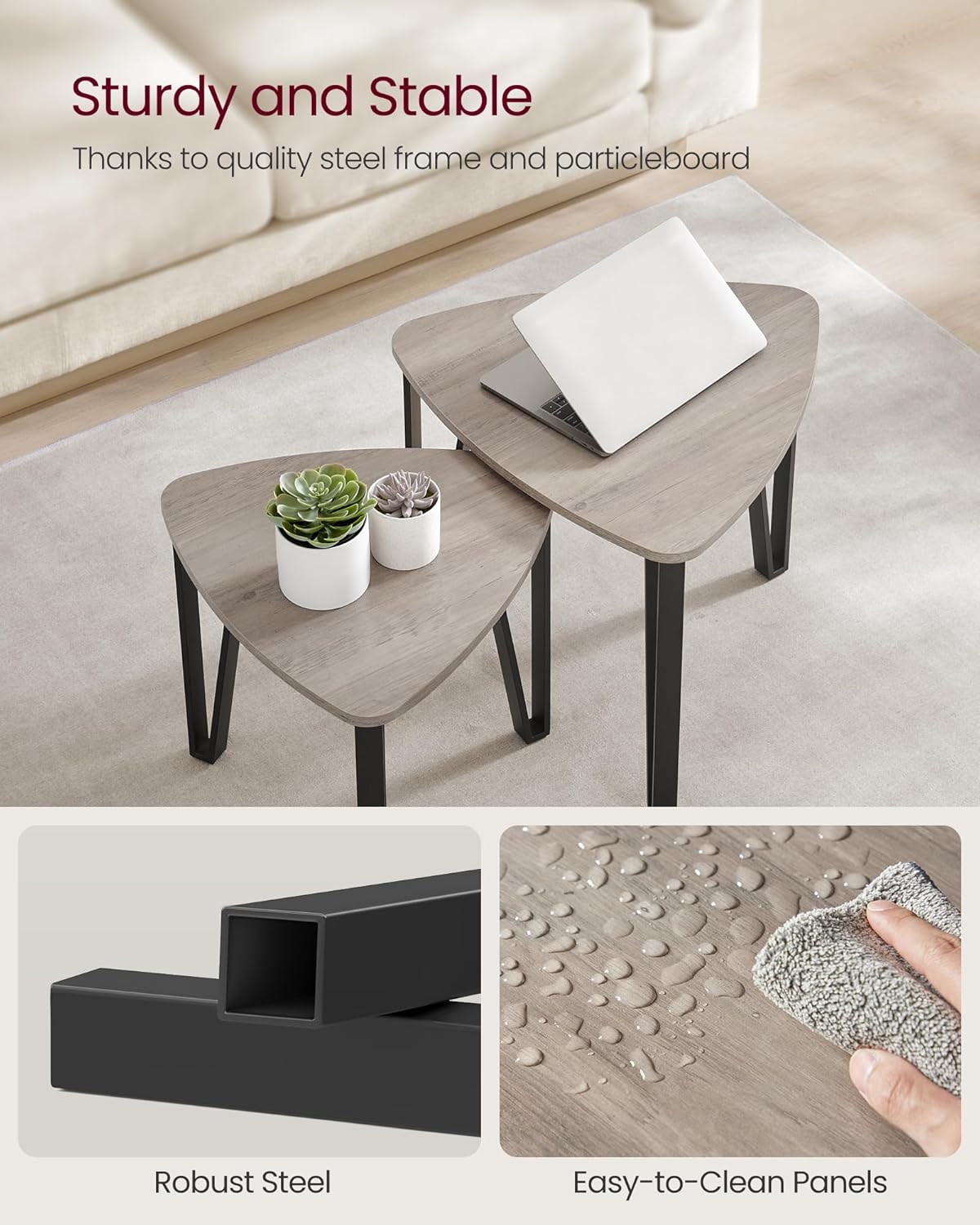 VASAGLE Nesting Coffee Tables, End Tables Set of 2 for Living Room Bedroom, Industrial Small Stacking Side Tables with Metal Frame for Couch, Heather Greige and Black ULET013B02