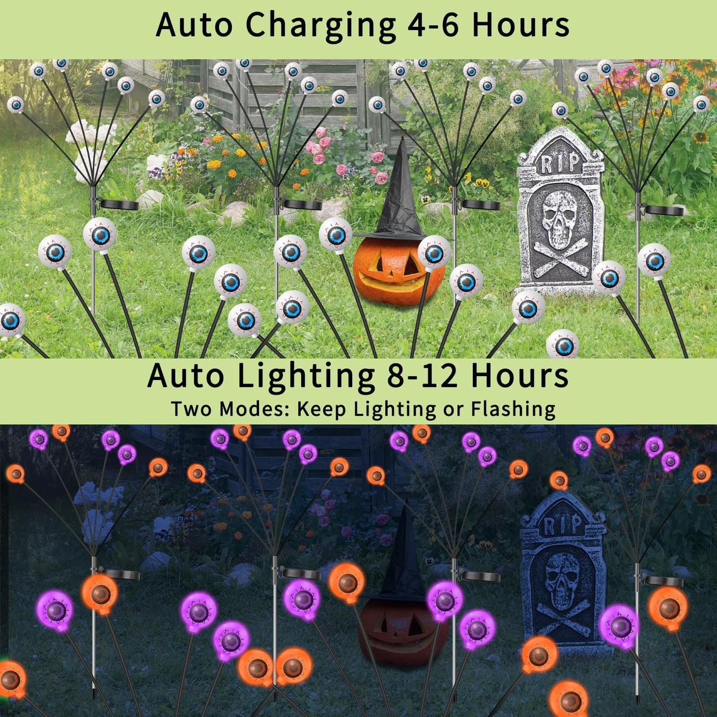 VOTTGO Halloween Solar Lights Outdoor, 8 Pack 48LED Scary Solar Eyeball Pathway Lights, 2 Modes Waterproof Swaying Solar Firefly Lights for Garden Yard Pathway Halloween Decorations, Purple + Orange