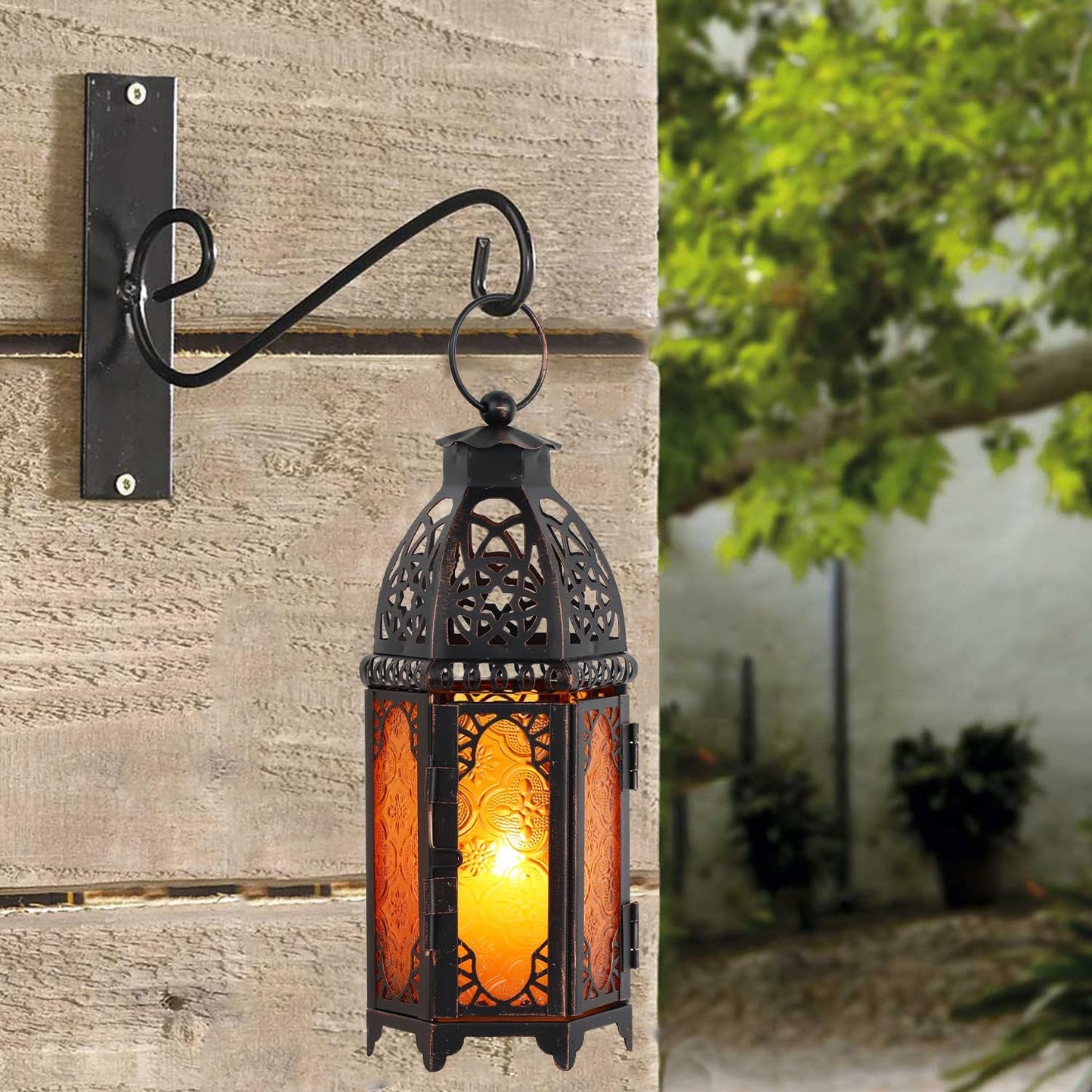 NEEDOMO 11'' Moroccan Lanterns Decorative Indoor & Outdoor, Vintage Christmas Candle Holder, Metal Lanterns Decorative, Table, Patio, Porch, Shelf, Christmas Spring Halloween Home Decor (Amber)