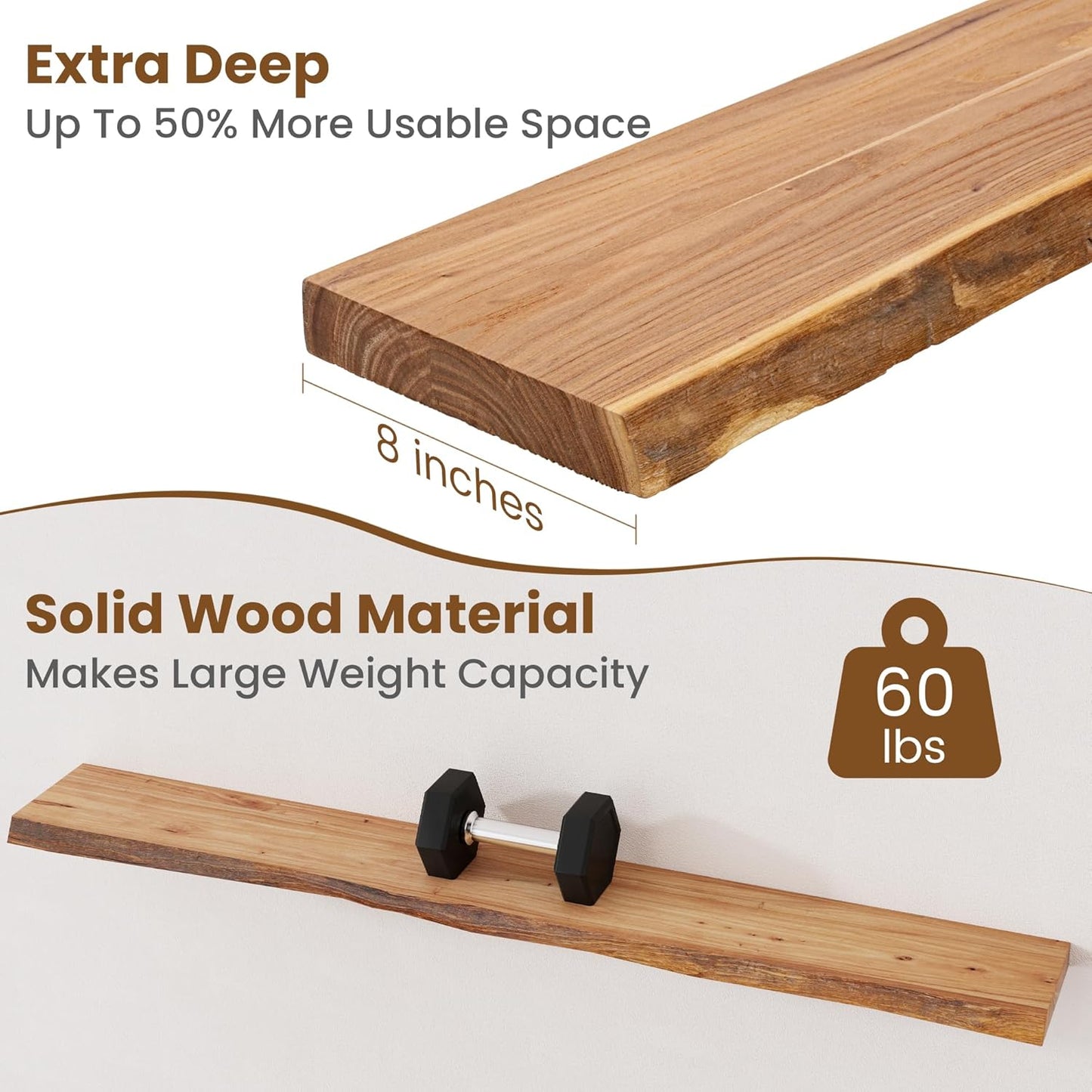 Floating Shelves for Wall Decor, Rustic Solid Elm Wood Live Edge Floating Shelves Wall Mounted, Wall Shelves with Invisible Bracket for Living Room Bathroom Bedroom Kitchen, 55 Inch, Natural